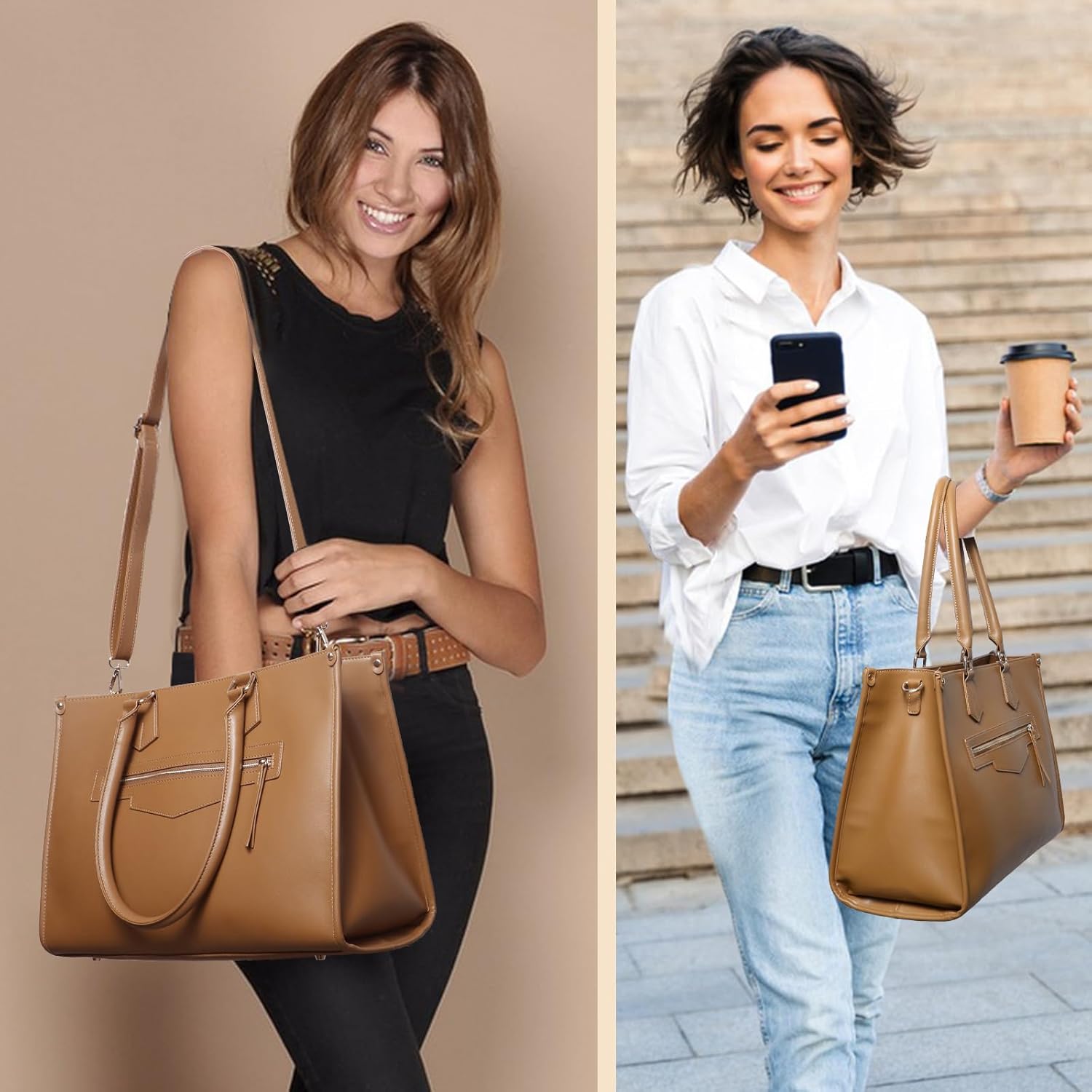 miss fong Lunch Tote Bag for Women - Large Capacity Lunch Box 2 in 1 Laptop Bag with Insulated Lunch Compartment Lunch Bag Laptop Work Tote Bag for Business, Teacher, Nurse, Casual, Travel-Brown | Large Lunch Tote Bag - Image 2