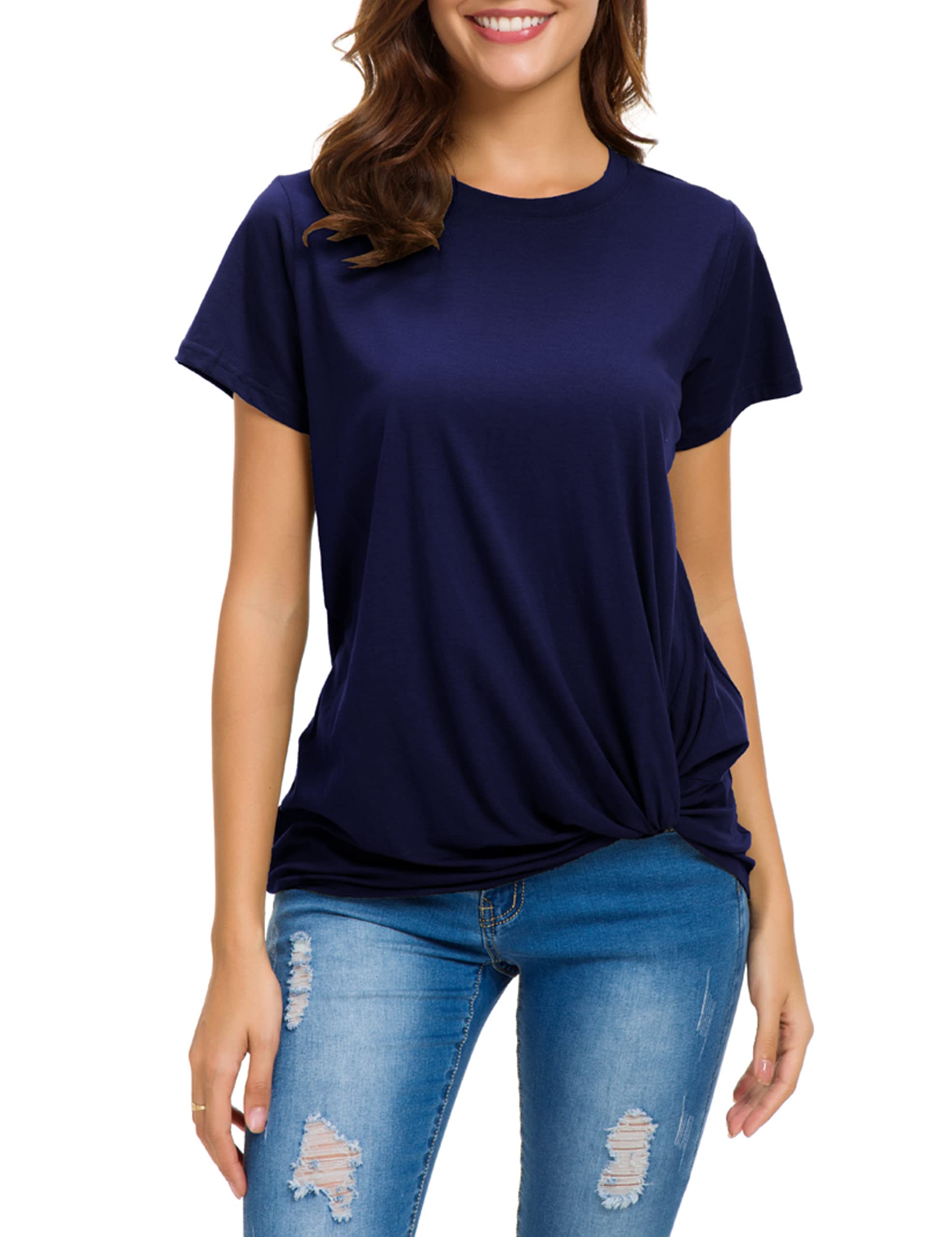 MSHING Women's Casual Round Neck Short Sleeve Tie Up T-Shirt Blouse Comfortable Cotton Basic Tops