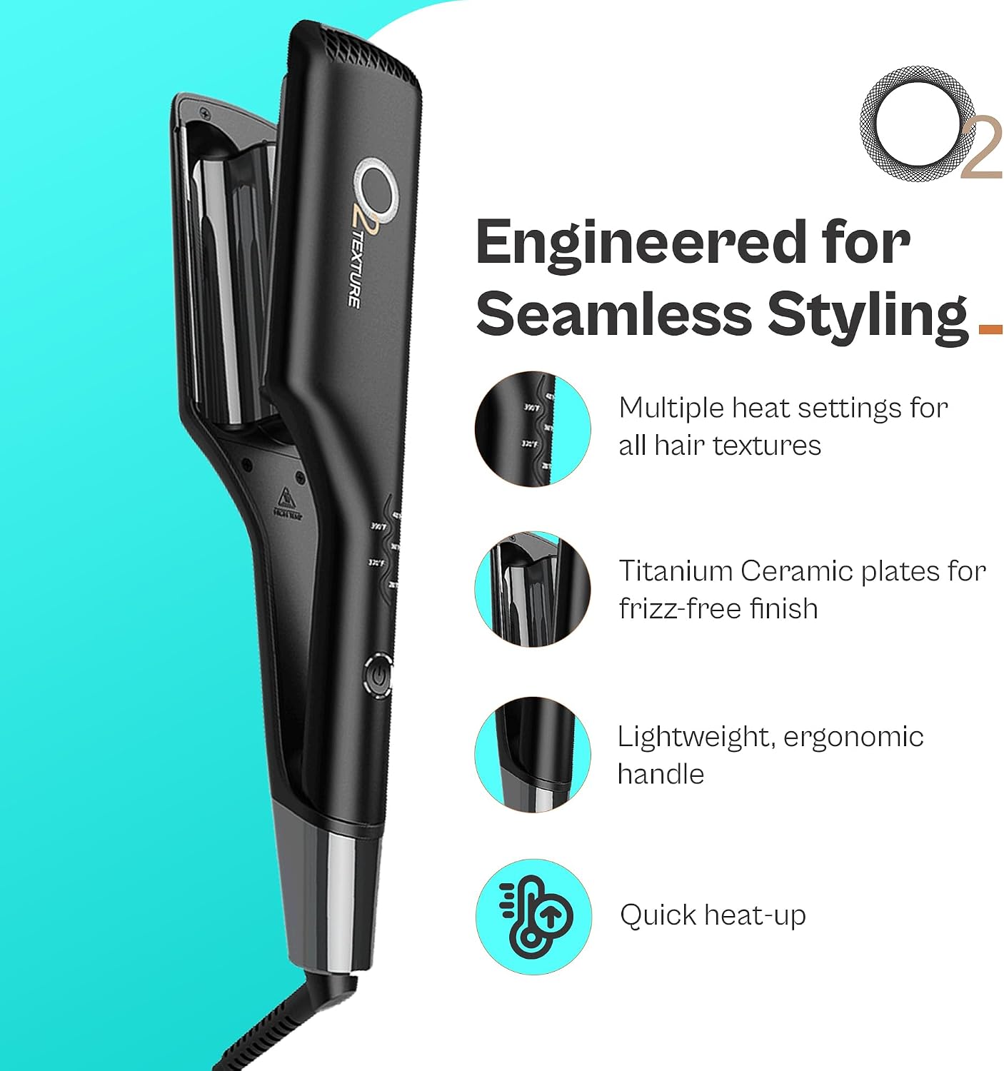 Titanium Ceramic Double Waver – 02TEXTURE Professional Hair Styling Tool for Effortless Beach Waves and Long-Lasting Curls, Advanced Heat Technology for Smooth, Shiny Results, by O2.