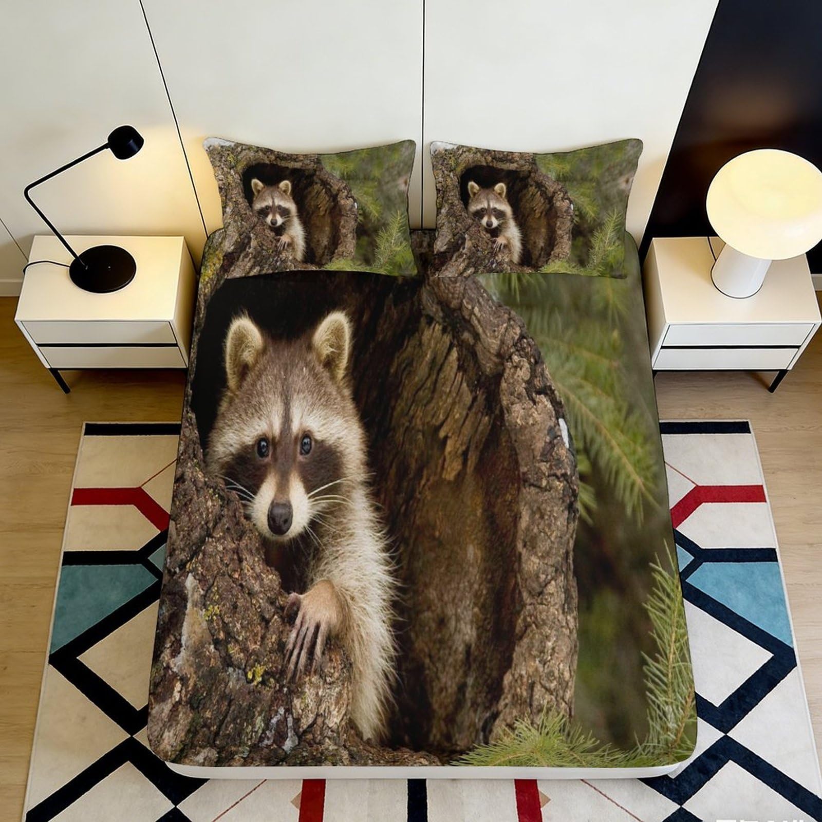 Jqzkxnhpbr Style-3 3D Printed Raccoon Forest Fitted Sheet Microfiber Soft Animal Woodland Bed Cover For Bedroom Guest Room Decor 90X200x25cm