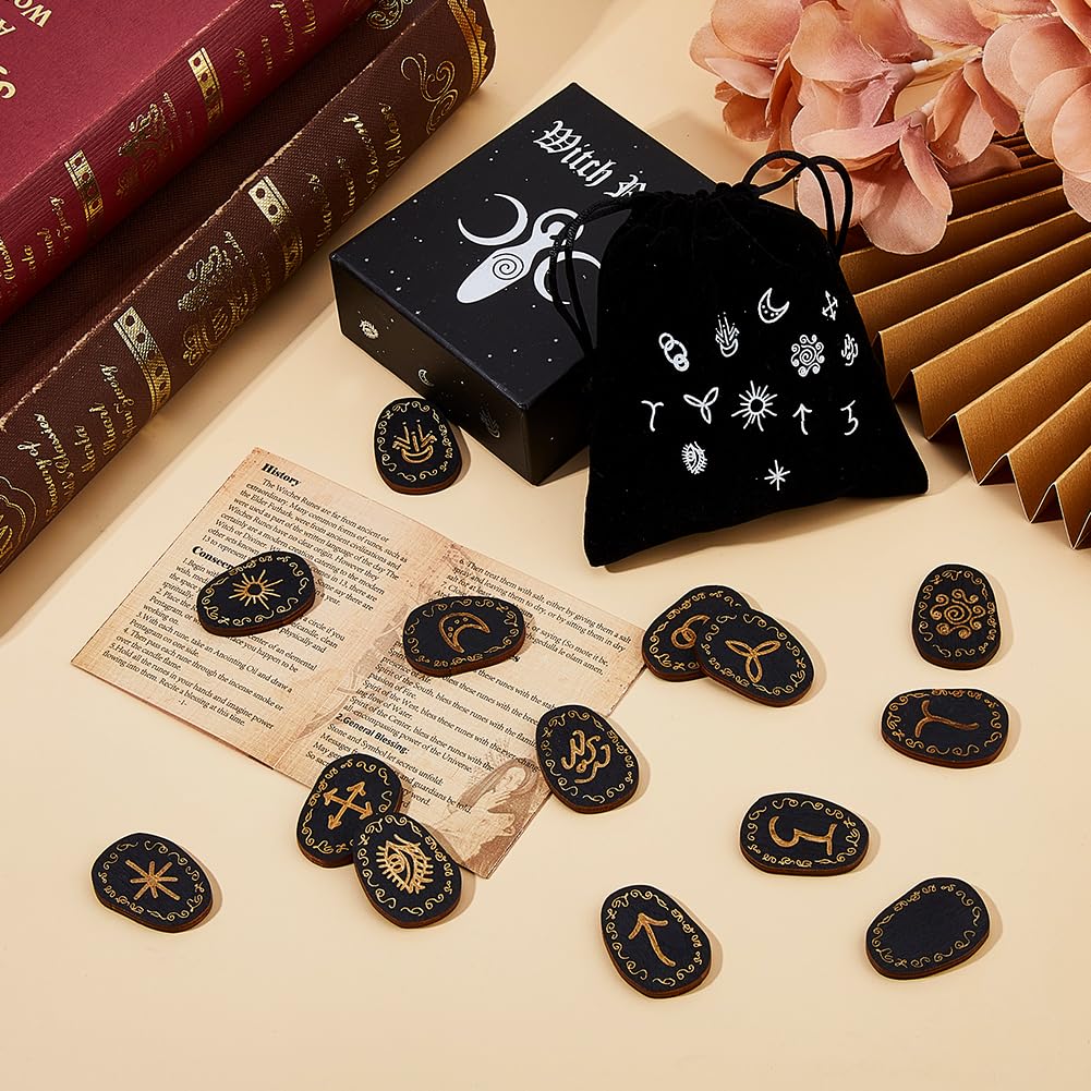 DICOSMETIC 1 set di rune in legno di grandi dimensioni con pietra runica vichinga, colore nero, rune fatte a mano, con custodia e manuale di istruzioni per principianti, divinazione e meditazione