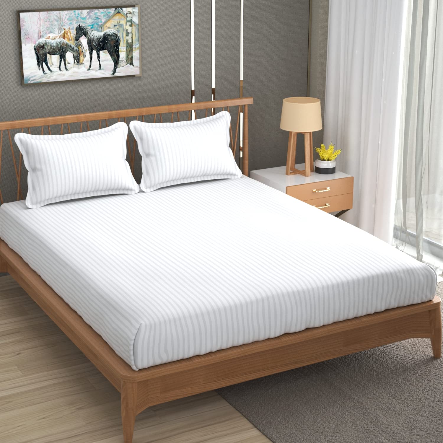 Homefab India 160 TC Stripe Cotton Feel Glace Cotton Elastic Fitted King Size Double Bed Bedsheet with 2 Pillow Covers Fits Upto 6 inches Mattress, Size-72X78 inches, White