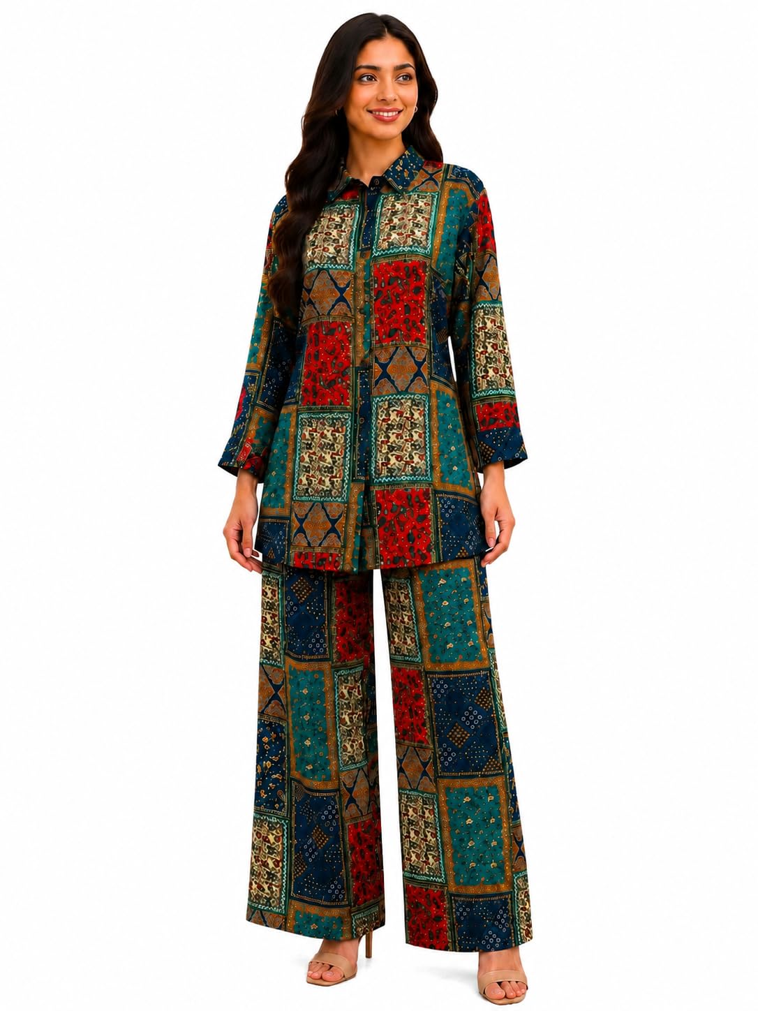 Women's Patchwork Print Co-ord Set with Shirt and Wide-Leg Pants-image-1