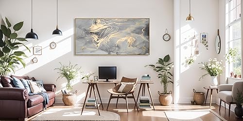 Miniatura 4 de Lienzo abstracto para pared, pintura en lienzo gris y dorado, decoración de pared, tinta fluida, obra de arte moderna para sala de estar,