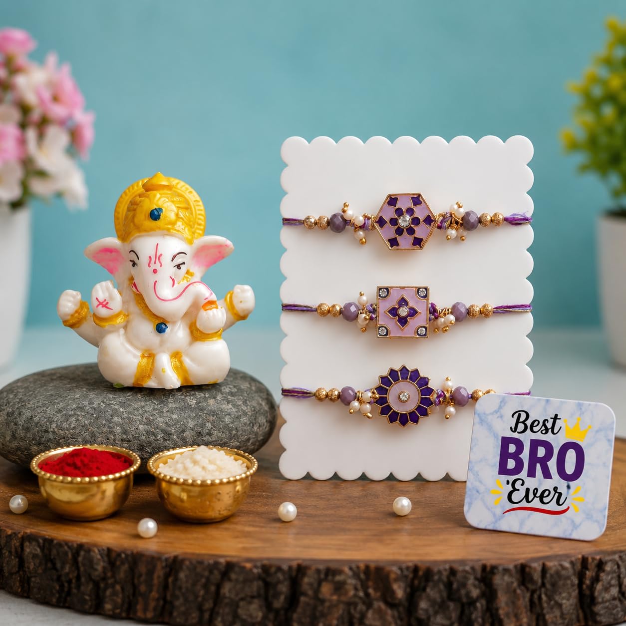 ecraftindia Designer Rakhi Set of 3 for Brother with Ganesha Showpiece & Best Bro Ever Fridge Magnet | Premium Beaded Thread Rakhi Combo | Raksha Bandhan Gift for Bhai