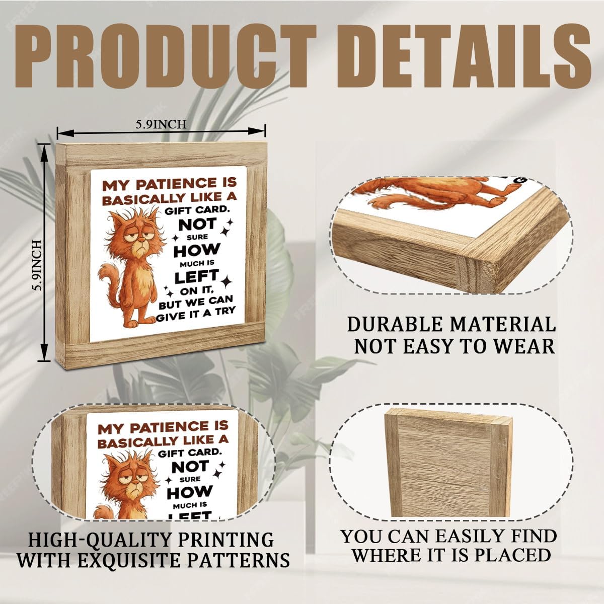 Cat Sarcastic Animal Tabletop Decoration，"Patience Like a Gift Card"Wooden Box Sign， Desk Decor Plaque for Office Home Shelf,Wood Box Sign,Humor Gift for Friends image 2