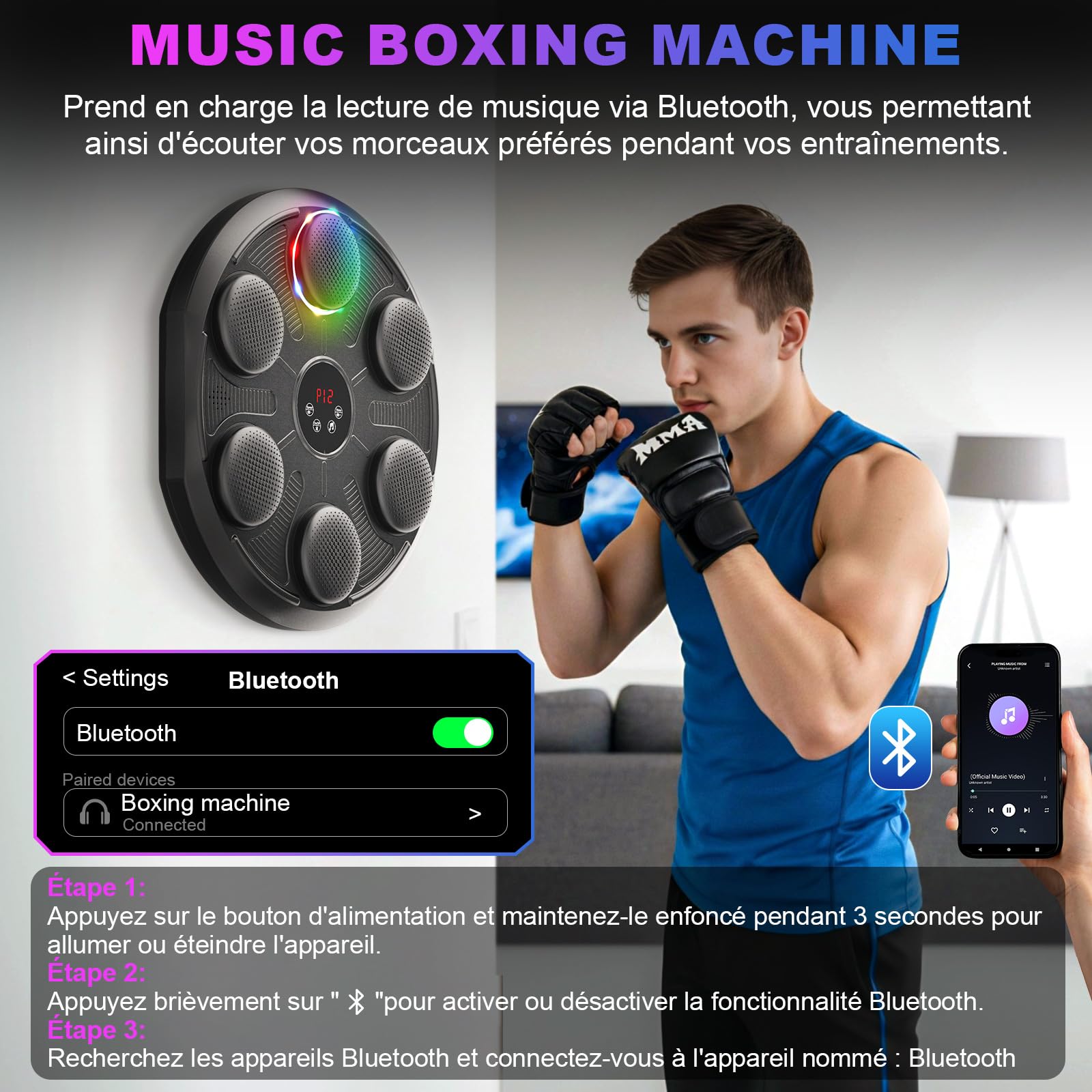 Machine de Boxe Musicale, Boxe Mural Musique avec 12 Vitesses et Modes, Comptage et Bluetooth, Affichage LED, Gants Inclus, Entraînement de Boxe Adapté aux Enfants et Adultes