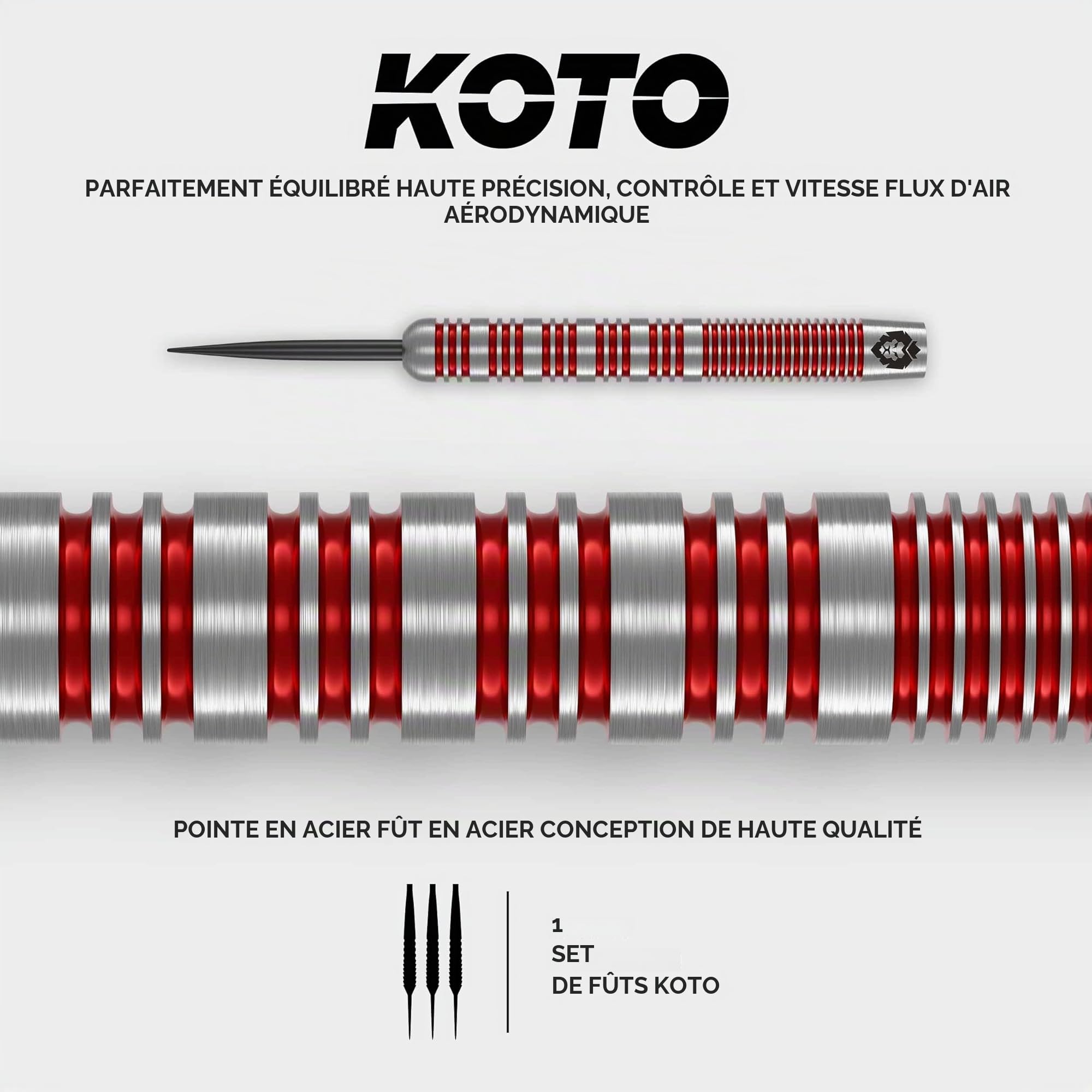 KOTO Lot de 3 fléchettes Tribute avec barils, ailettes, tiges et porte-fléchettes, grip fixe Argenté rouge