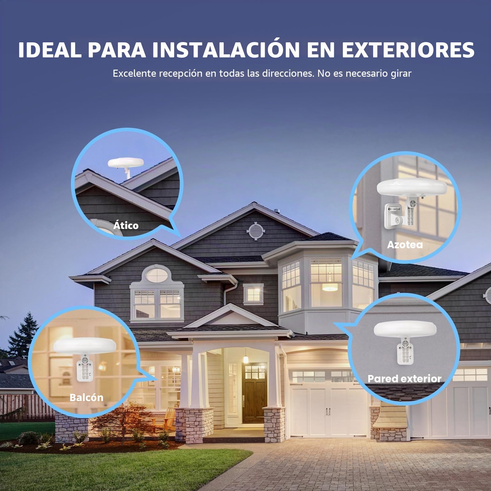 1byone - Antena de TV para exteriores de 360°, recepción omnidireccional de largo alcance de 100 millas para mejorar VHF y UHF 4K Ready HDTV Antena con estabilidad añadida para uso en
