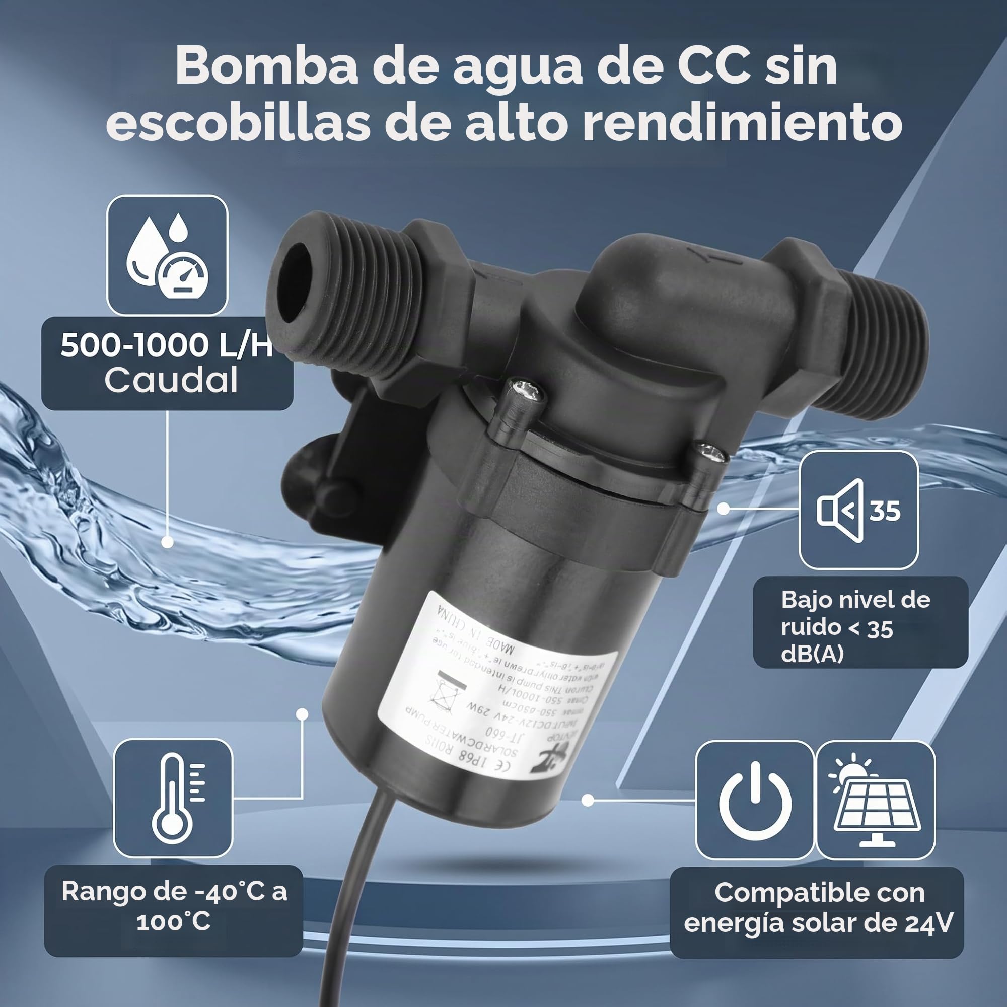 JT-660D-24 Bomba de Agua sin Escobillas de 24V DC, Bomba de Agua Sumergible Ecológica de Bajo Ruido para Calentador de Agua Solar