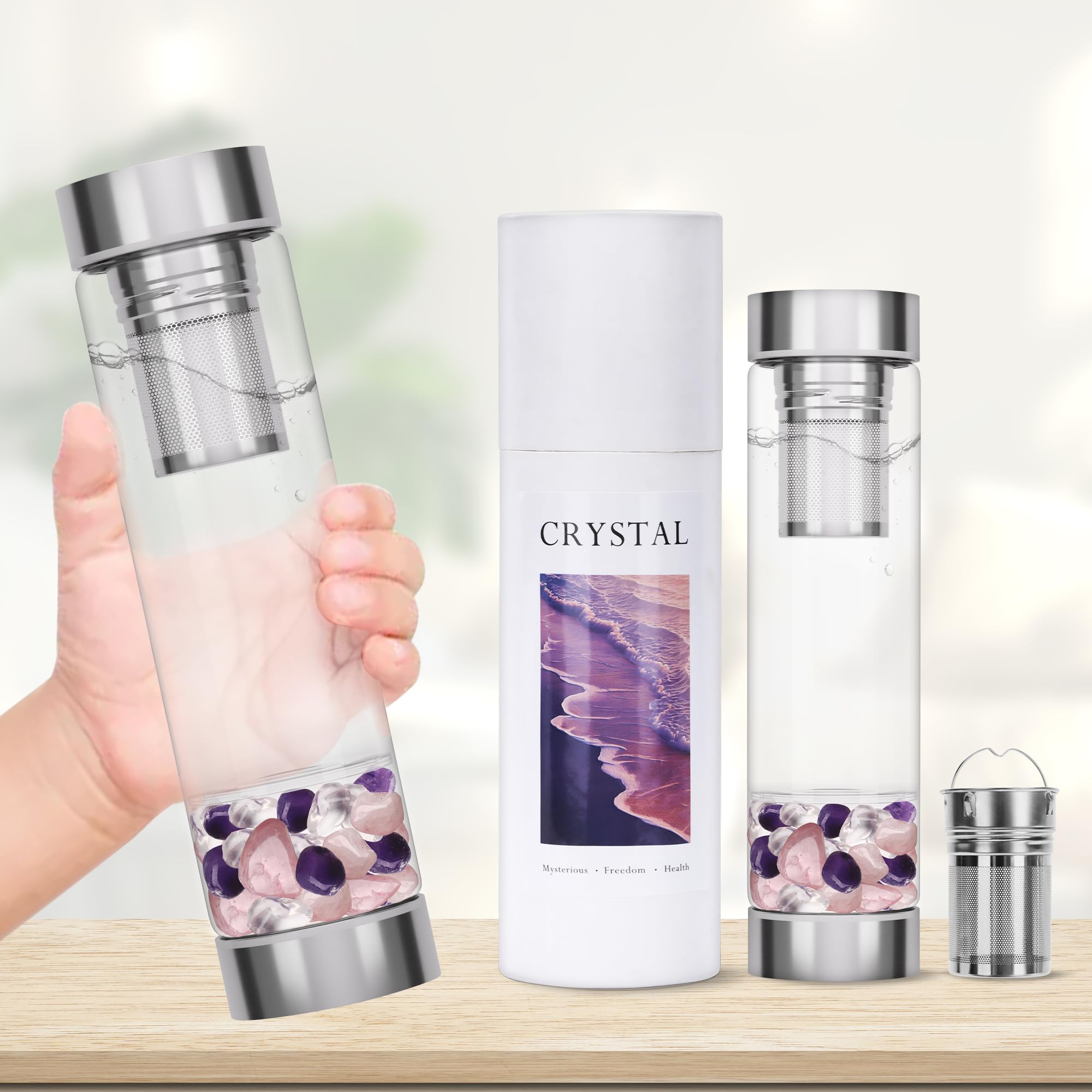Bouteille d'eau en cristal avec infuseur à thé en cristal et cristaux de quartz rose amovibles, pierres précieuses réutilisables, 500 ml