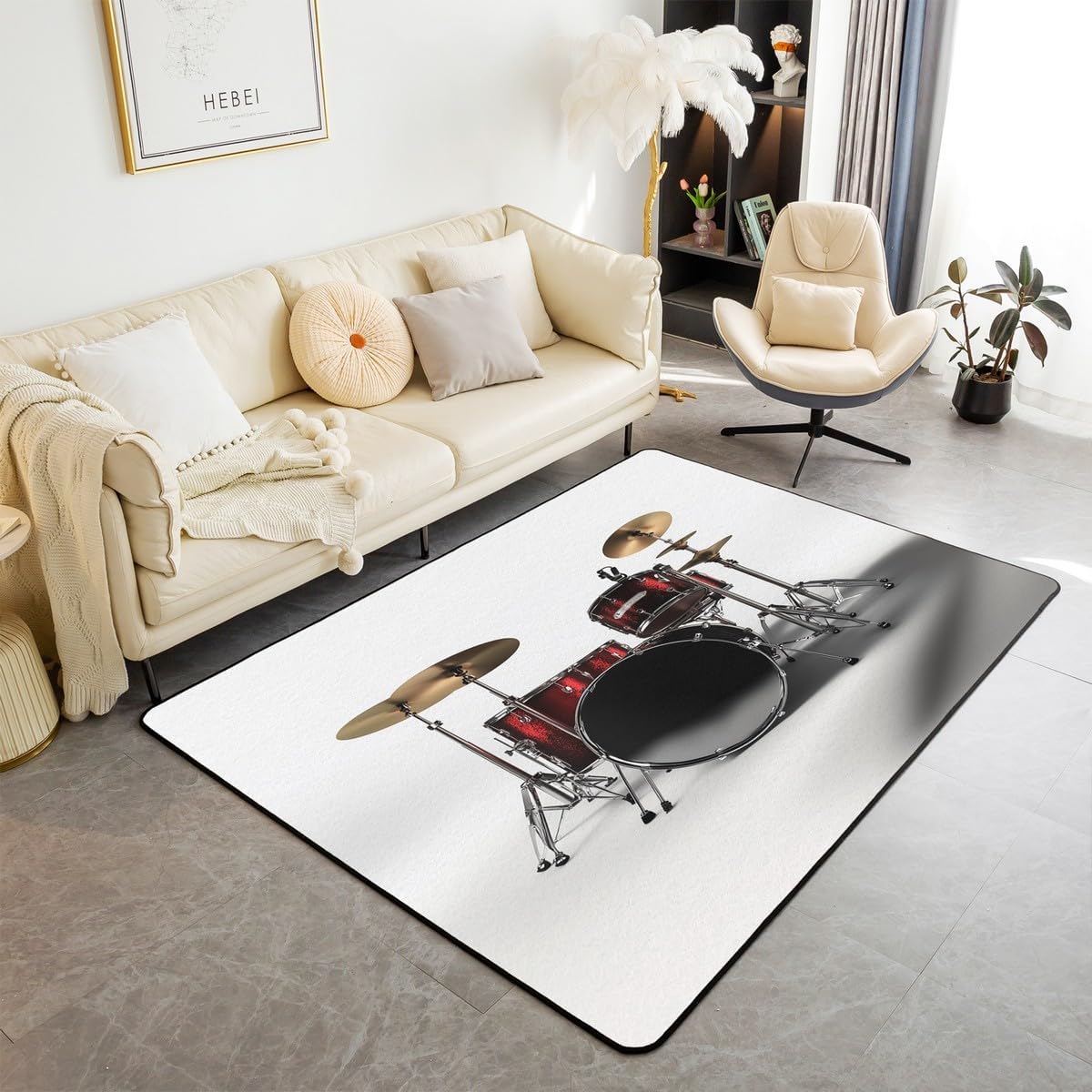 jejeloiu Drum Kit Area Rug 5x7 Rock Music Themed Decorative Carpet Strong Kids Musical Pattern Rugs for Living Room Bedroom Inside Entryway Mat Floor