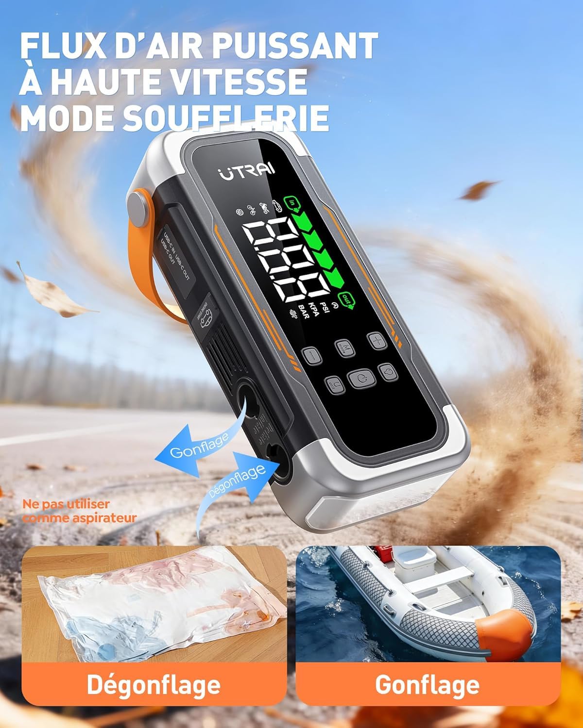 UTRAI Booster Batterie Voiture avec Gonfleur 7000A, Demarreur Batterie Voiture avec Sortie PD 30W, Souffleur, Lampe LED D’Urgence 800 Lumens, Jump Starter Applicable à Tous Gaz ou 10L Diesel