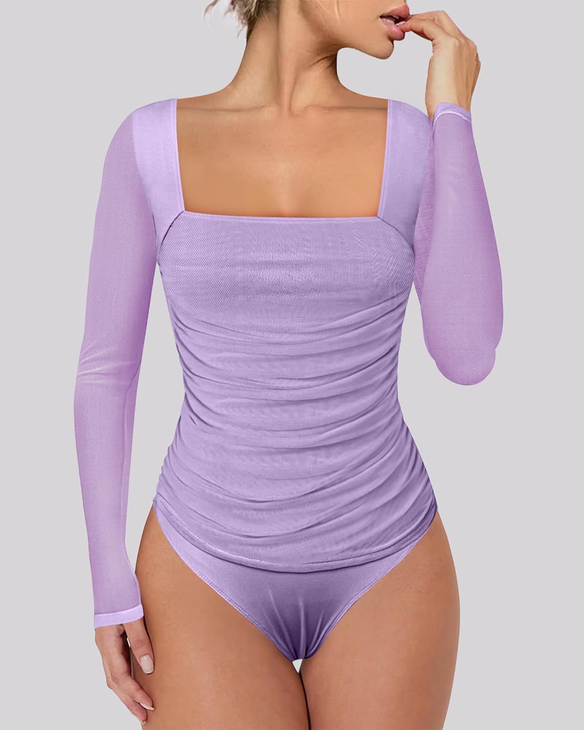Chunpin Women's Bodysuits Square Neck Long Sleeve Bodysuits Mesh Ruched Thong Body Suit Outfits Going Out Tops - Image 6