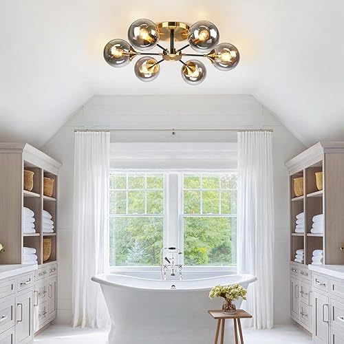 Miniatura 7 de KCO Lighting Lámpara de techo moderna con globo dorado de 6 luces, latón cepillado, cerca del techo, lámpara de baño de mediados de siglo, pantalla