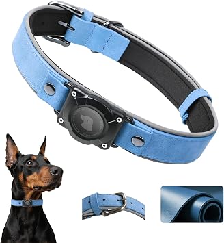 Leather AirTag Dog Collar, IPX8 Reflective Adjustable Blue L | AirTag holder, adjustable metal buckle, soft padded lining, reflective design, IP68 waterproof, quality leather