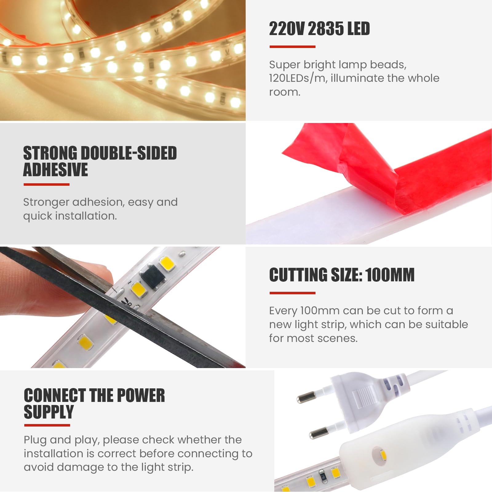 Conexión a AC220-240V Tira de LED,120LEDs/m SMD2835 Flexible Superbright Tira de luz LED cadena de luz de cuerda Autoadhesiva con enchufe para Navidad（5m, Blanco Natural）