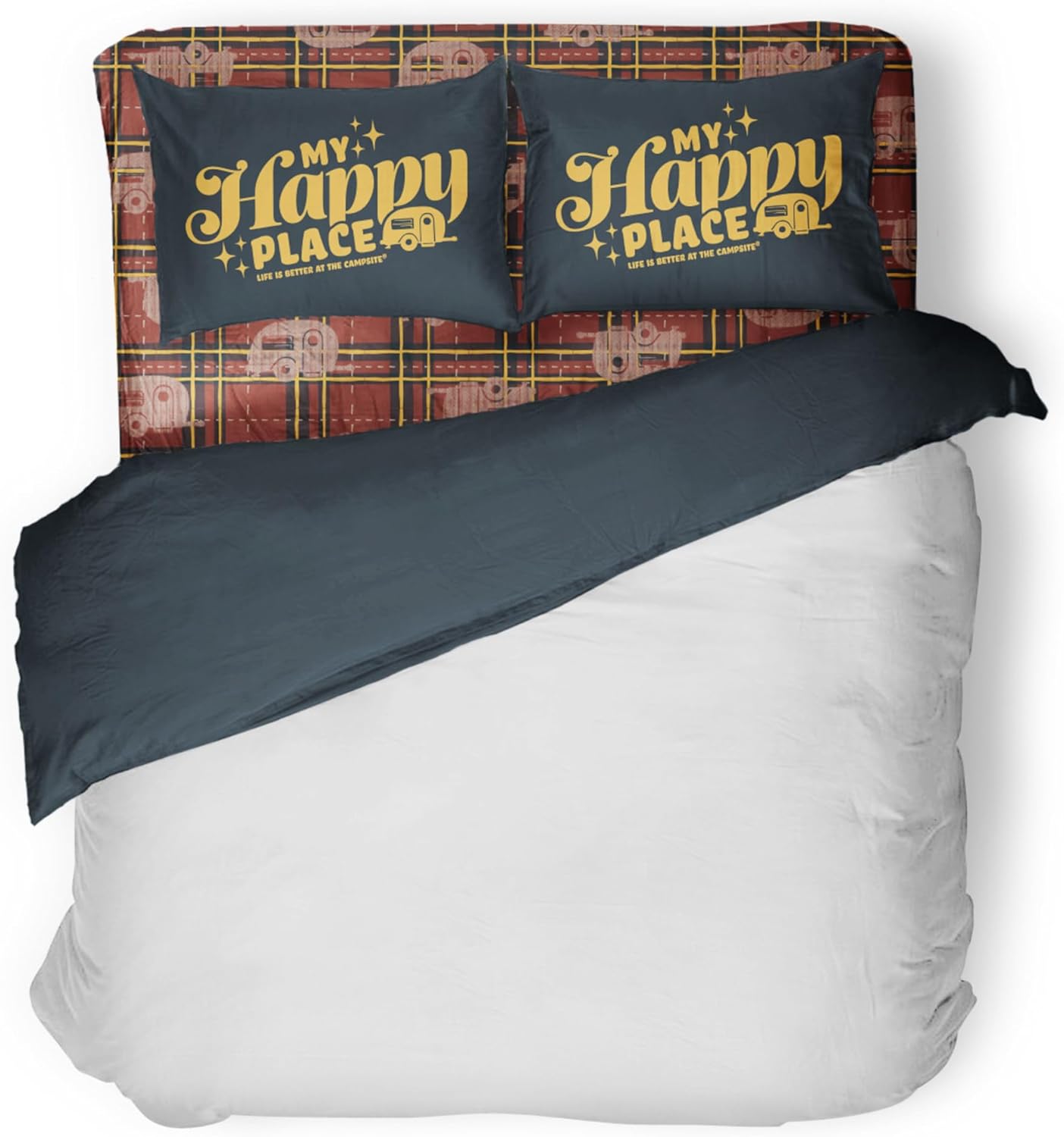 Camco Life is Better at The Campsite Bed Sheet Set | Crafted of 100% Polyester & Machine Washable | Features a Red Plaid My Happy Place Vintage-Inspired Look | Camper/RV Short Queen-Size Beds (53119)