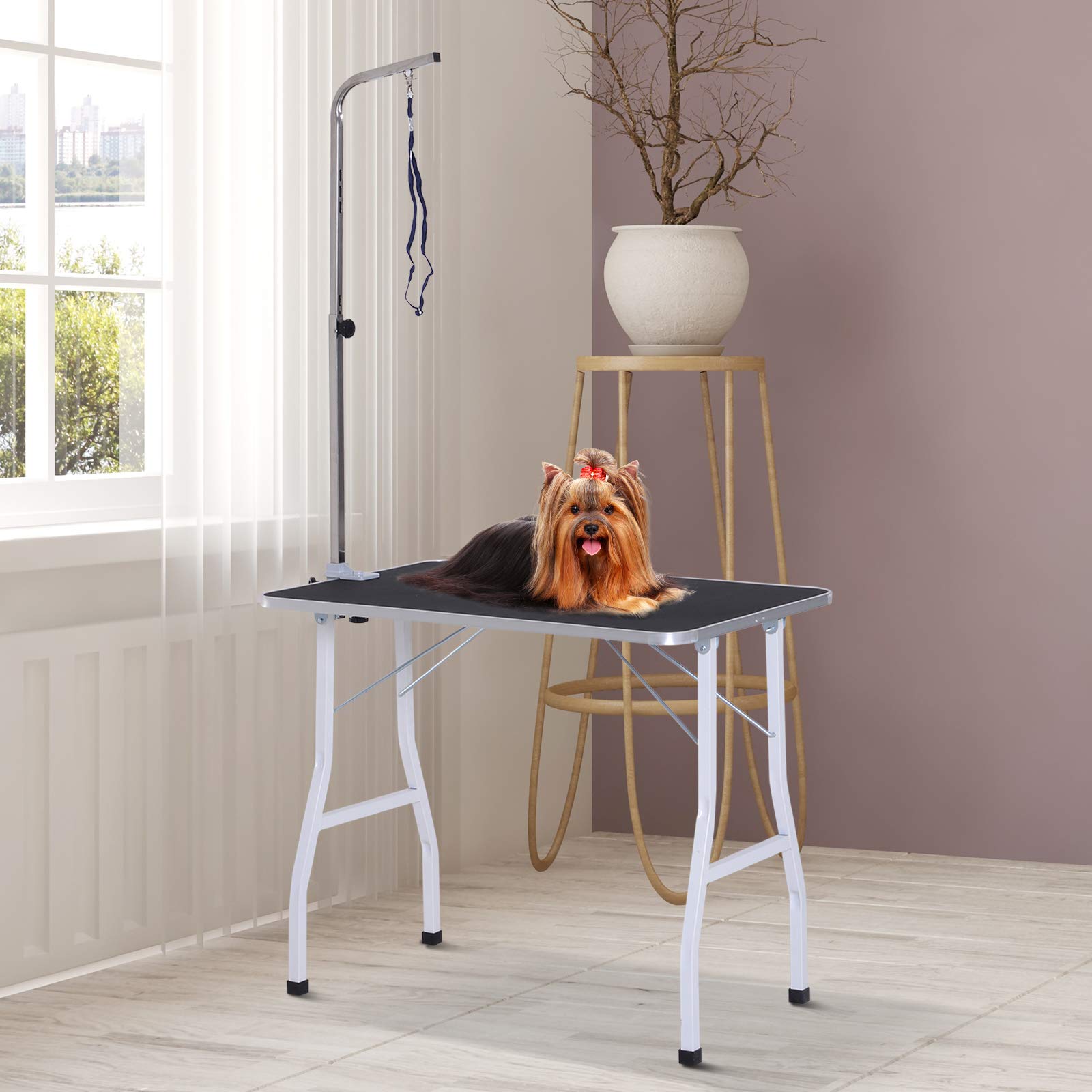 PawHut Trimmtisch für Hunde Klappbar Galgen 91,5 x 61,5 x 76 cm Schwarz | Hundepflegetisch, Haustierpflegetisch, Höhenverstellbarer Galgen, Schlingen, Rutschfeste Oberfläche, Schertisch Bis 150 kg