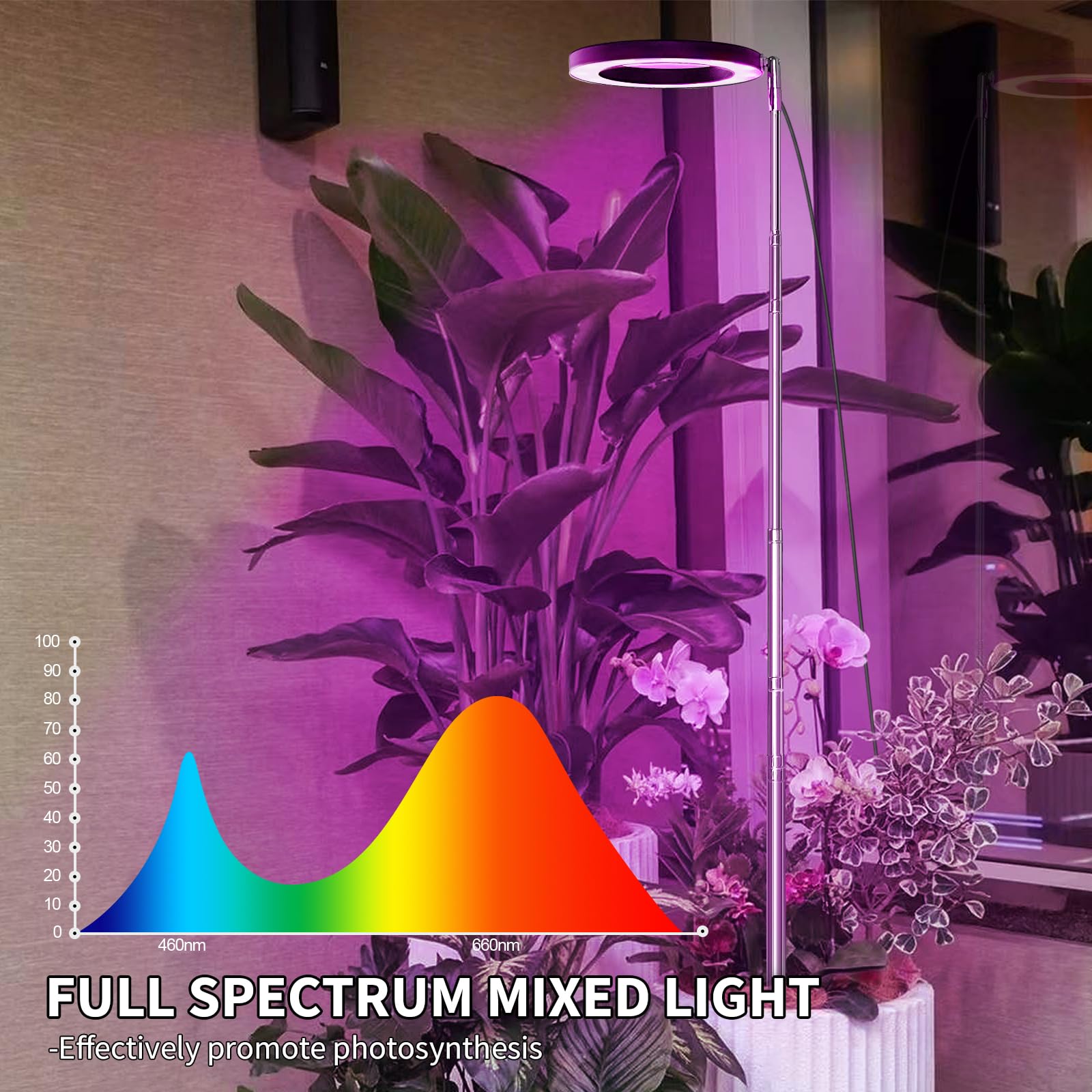 Qoolife Lampada a LED a spettro completo per piante da interno, 155 cm, altezza regolabile con 72 LED, 3 livelli di luminosità dimmerabili, timer 3/9/12 ore per piante da interni nero 2 Pezzi
