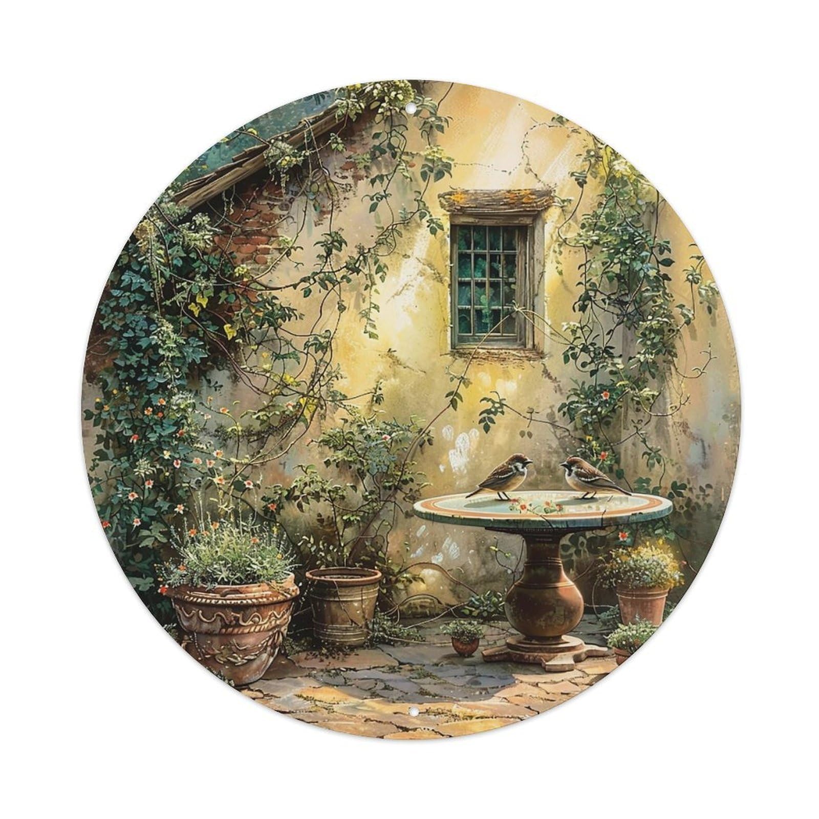 Rustic Garden Birds On Table Vintage Metal Tin Sign Retro Wall Decor for Home Bar Garage Cafe, Indoor & Outdoor Decorative，circle Metal Poster, 8x8 Inch