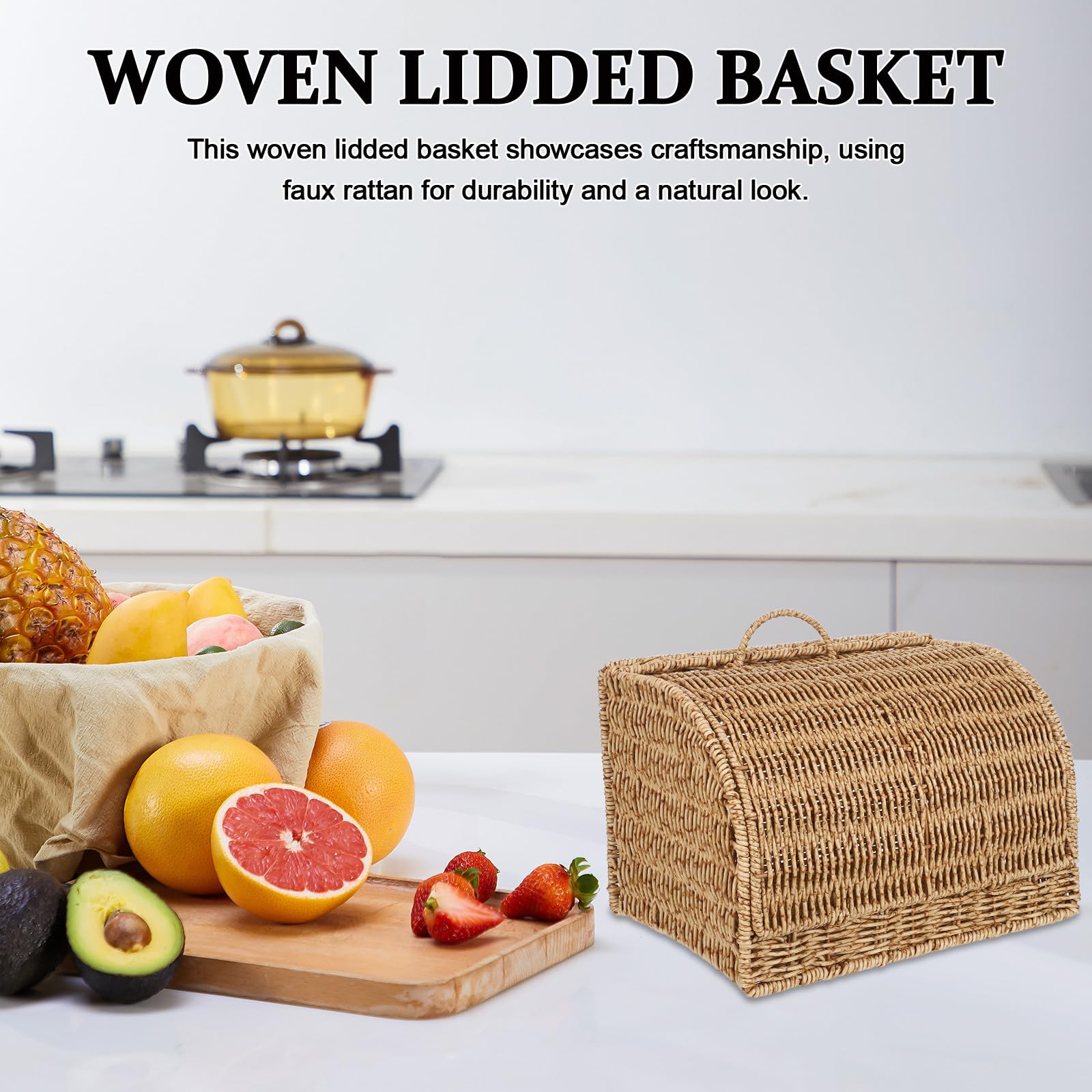 KALLORY Cestino Cucina in Finta Rattan con Coperchio 33, 5x23x19 Cm | Plastica Resistente, per Dispensa e Piano Lavoro, Adatto a Dolci e Snack, Uso Multiuso Ordinato
