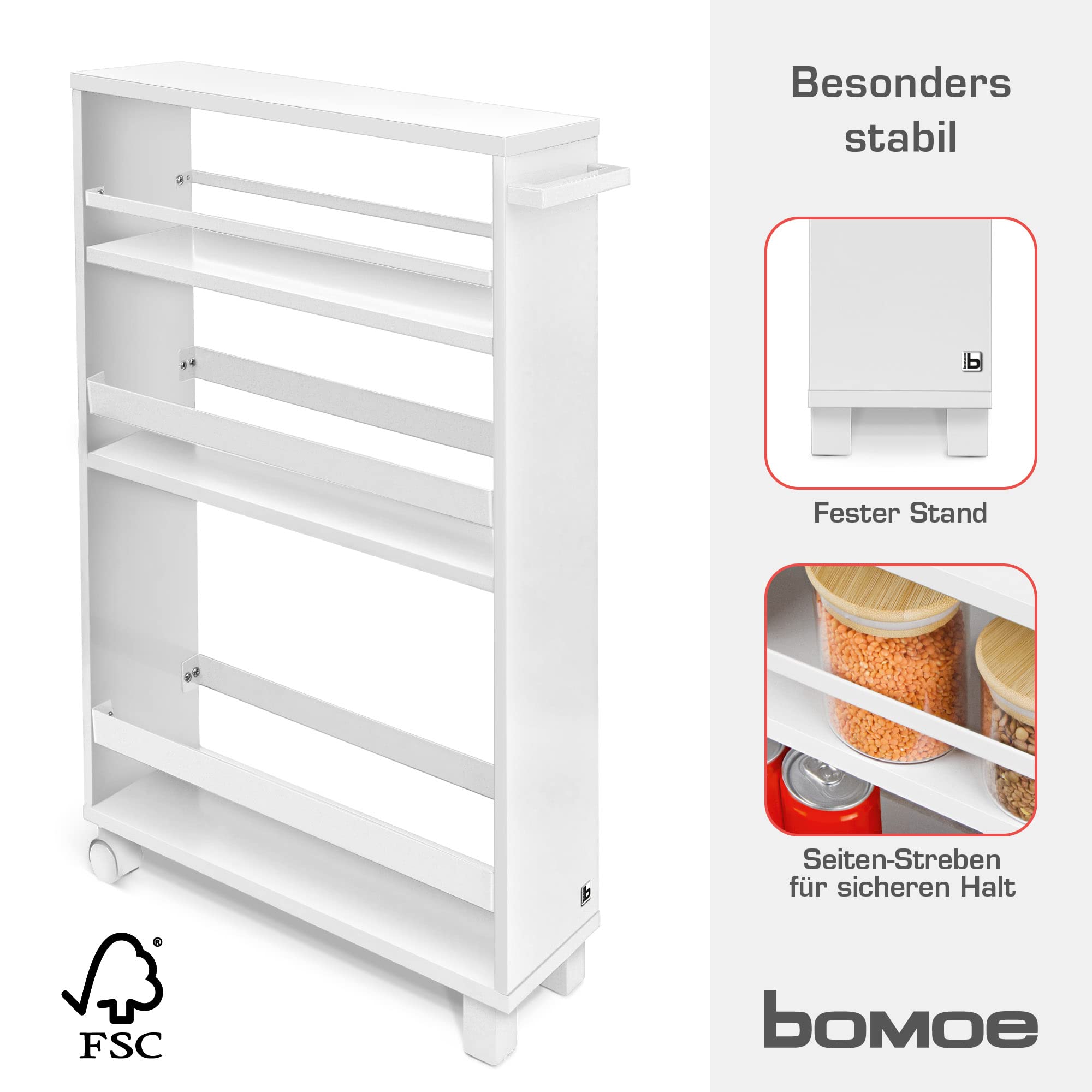 bomoe Nischenregal 15cm breit – Küchenwagen Küchenregal Schmal – Rollwagen Schmal 3 Fächer & Arbeitsplatte – Nischenschrank Küche Bad Büro – Bathroom Cart Nischenwagen Weiß 79x50 cm – Hylla