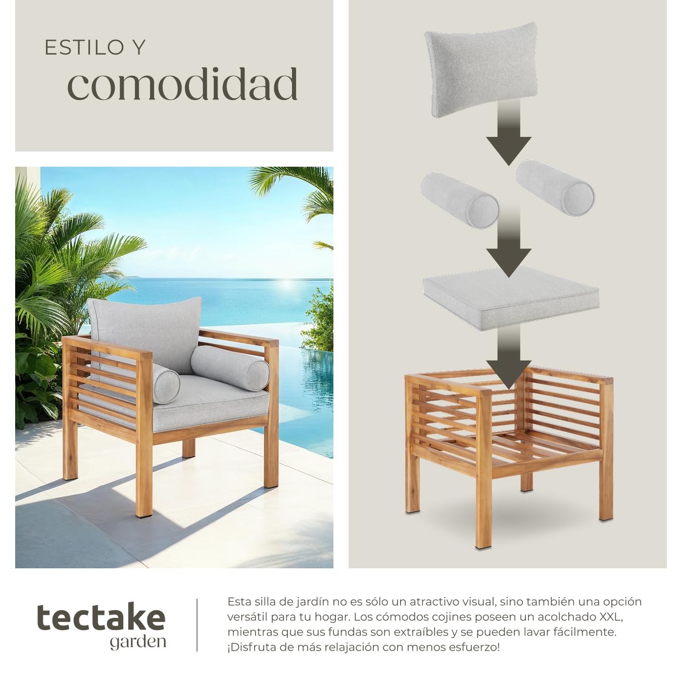 tectake® Sillón de Jardín, Silla de Terraza, Diseño Moderno y Minimalista, Madera Barnizada, Fundas Repelentes al Agua, Tapas Protectoras Antidelizantes, Mueble Jardin Exterior Resistente a Intemperie
