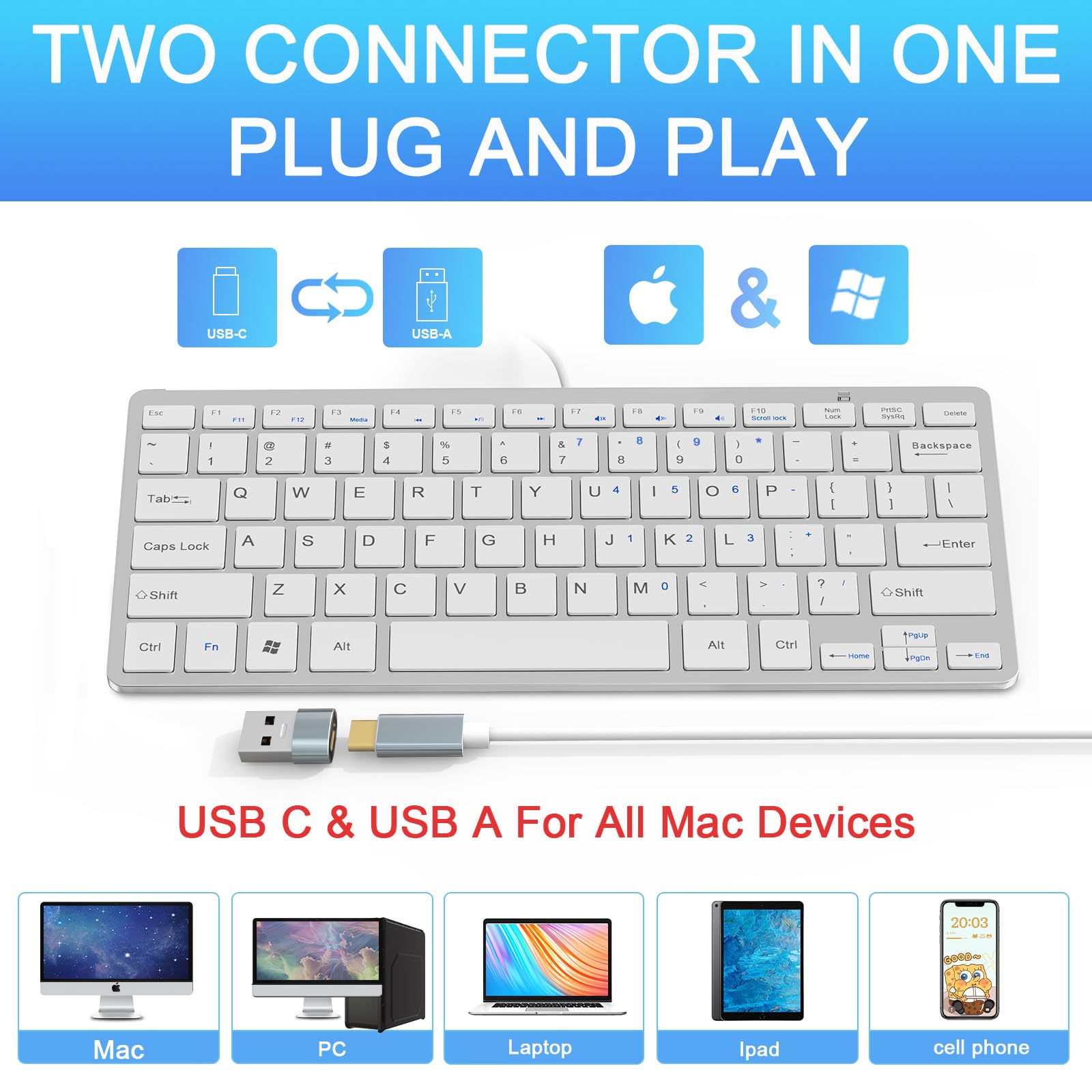 Amazon.com: Ultra-Slim 78keys USB-C Mini Wired Keyboard with Media