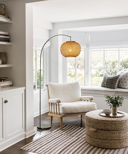 Miniatura 1 de Lámpara de pie de arco negro mate de 77 pulgadas con pantalla de bambú tejida a mano y base de mármol, lámpara de pie de ratán de granja para sala