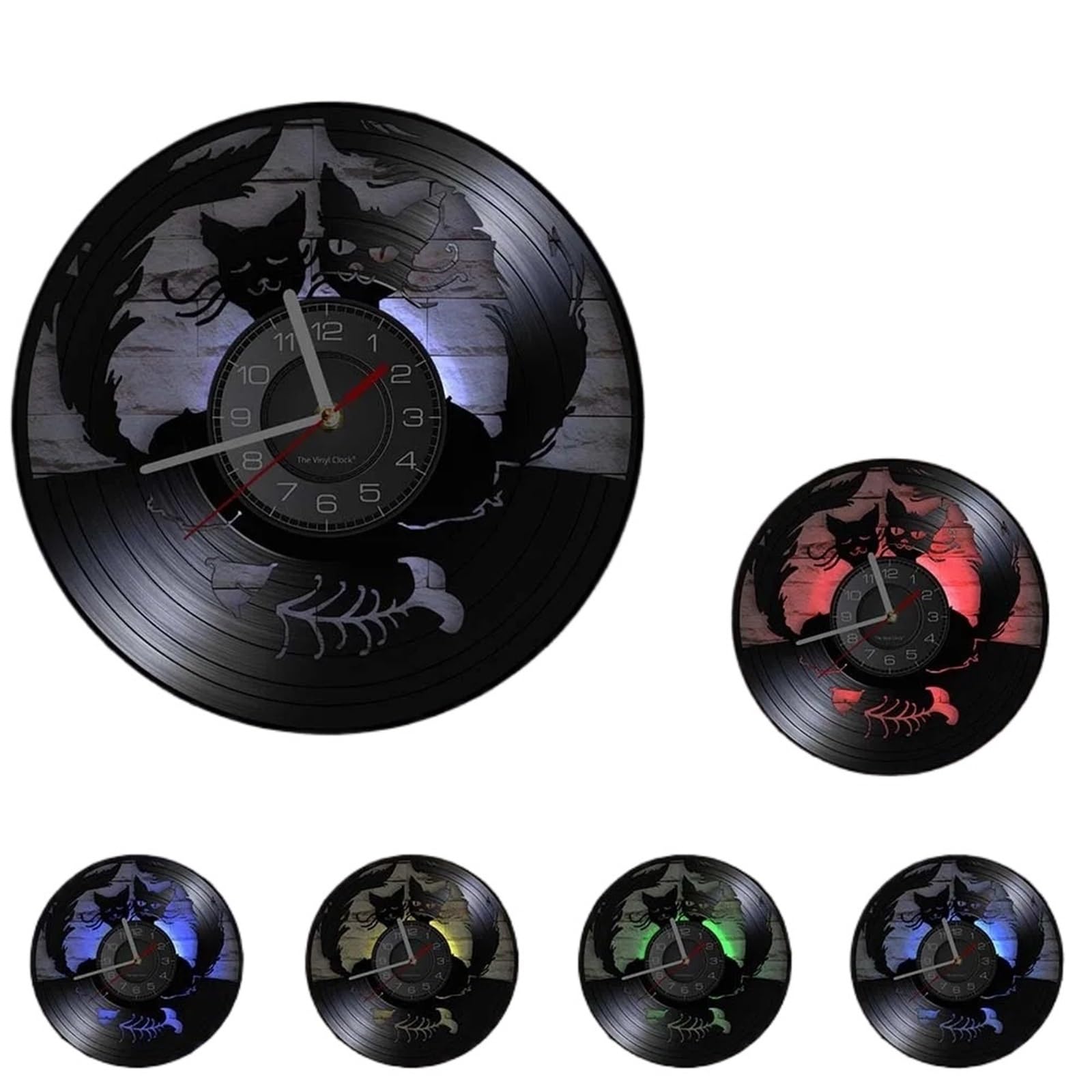 LUYSGBXR Cat Clock Adorable Cat And Fishbowl Funny Wall Art Clock On Vinyl Record Kitten Decorative(Red)