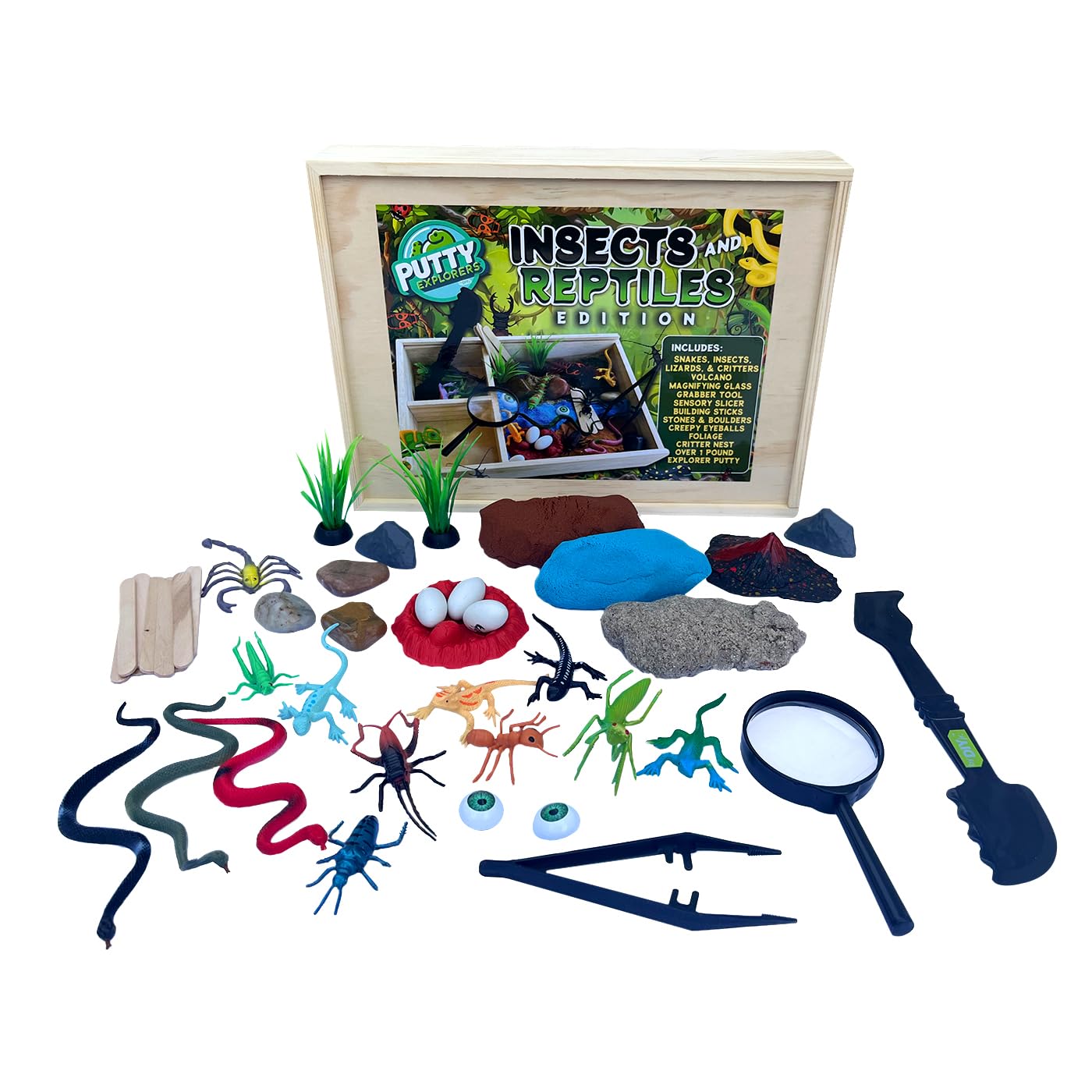 Insects and Reptiles Putty Explorers Educational Sensory Kit Wooden Play Box Bugs Snakes Science Life Moldable Sand Kit STEM Educational Toys Science Teacher Classroom Gifts Lizards Volcano Easter