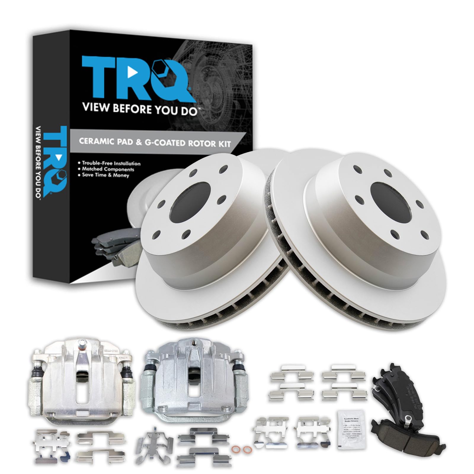 TRQ Rear Brake Pad and Rotor Set Ceramic G Coated Rotors Calipers