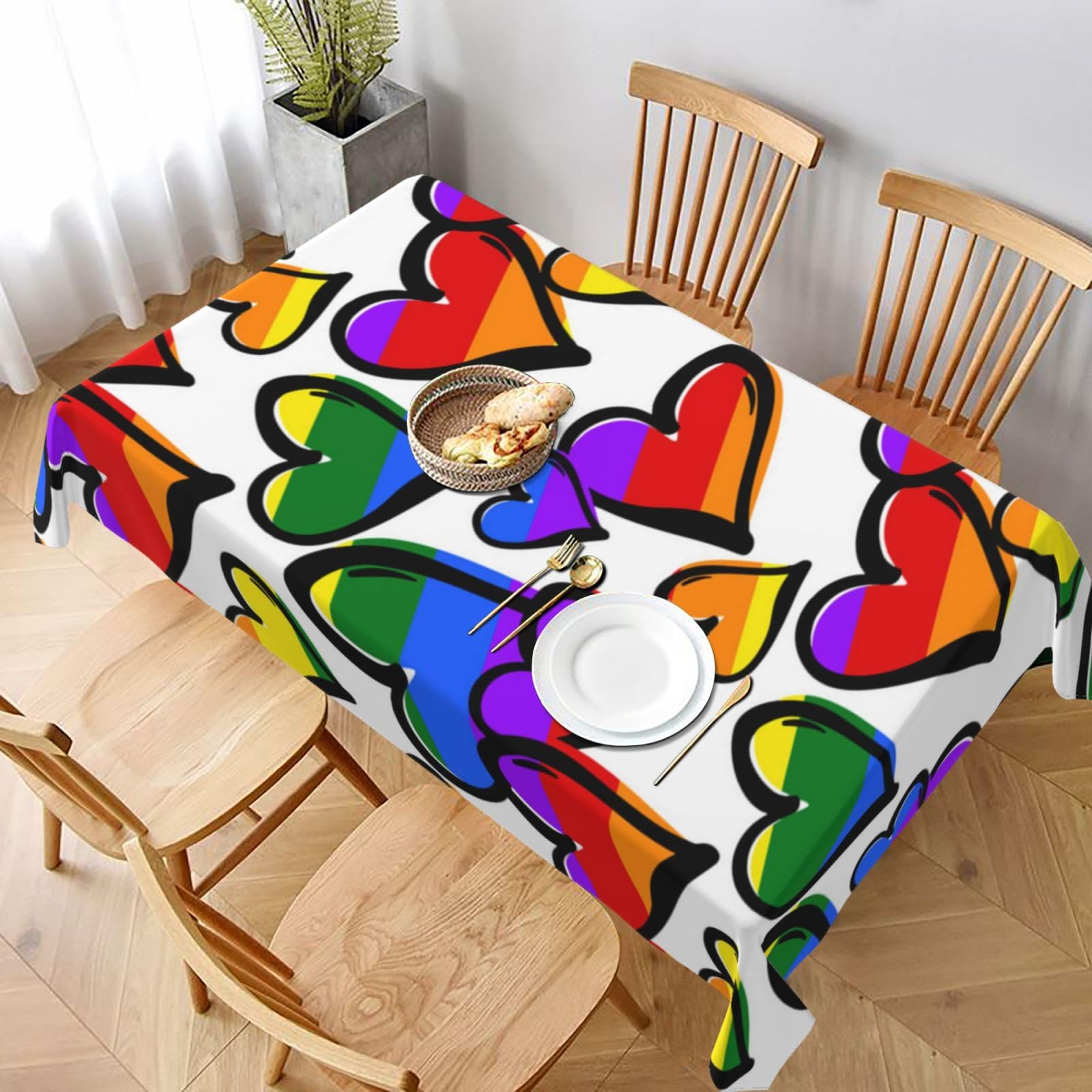 BNVSADC Rainbow Colored Gay Pride Hearts Printed Rectangle Tablecloth 228x152 CM, Water Resistant Polyester Table Cloth Decorative Fabric Table Covers for Kitchen Dining Table Parties Camping