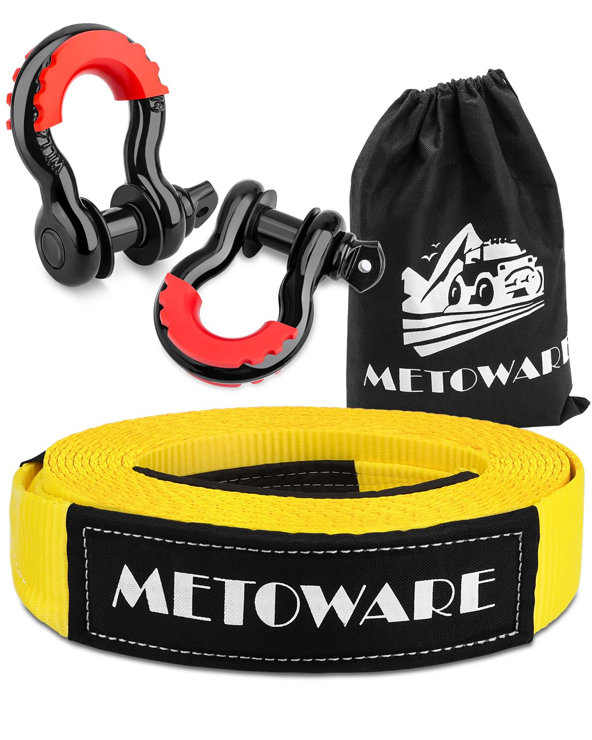 METOWARE Heavy Duty Tow Strap Recovery Kit - 3" x 20ft(35,000lbs) Tree Saver Winch Strap + 3/4" D Ring Shackles(2pcs) + Storage Bag - Truck, SUV, ATV Off Road Towing Strap Kit