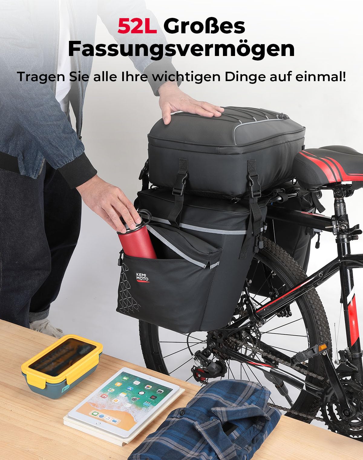 KEMIMOTO 3 IN 1 Gepäckträgertasche, Wasserdicht Fahrradtaschen für Gepäckträger, 52L Fahrradtaschen-Set mit Regenschutz, Multifunction Rucksack und Umhängetasche für e Bike MTB