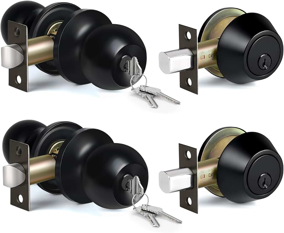 BESTTEN 2 Pack Keyed Same Exterior Door Knobs and Single Cylinder Deadbolts Combo Set, Keyed Alike Entry Door Knobs with Locks and Keys for Entrance and Front Door, Matte Black