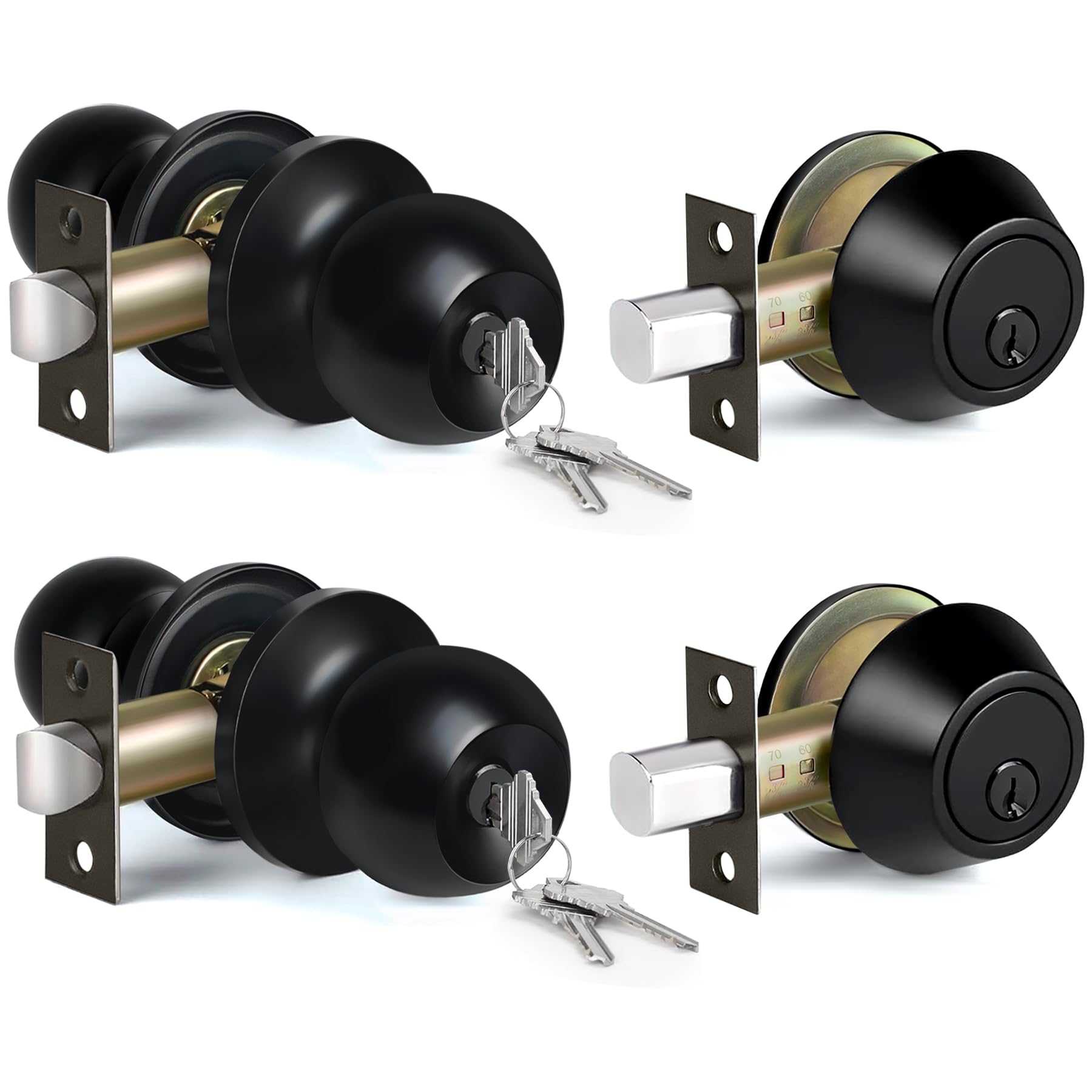 BESTTEN Juego de 2 pomos de puerta exterior con la misma llave y cerrojos de un solo cilindro, pomos de puerta de entrada con cerraduras y llaves para entrada y puerta delantera, color negro mate
