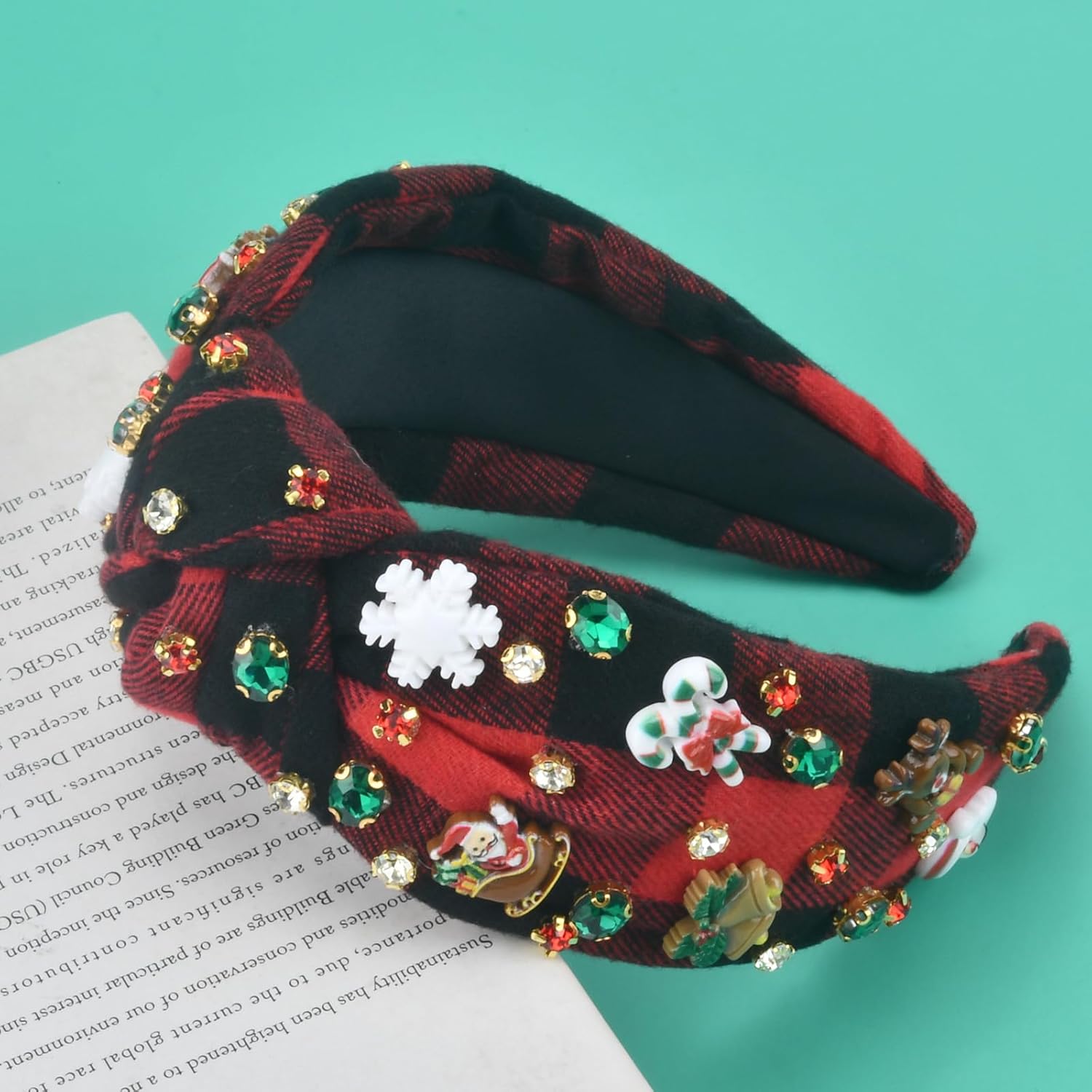 Christmas Headbands for Women - Rhinestone Knotted Santa Headband with Crystal Snowflake Plaid Design - Holiday Hair Accessories Gifts (Black Red Plaid) - Image 2