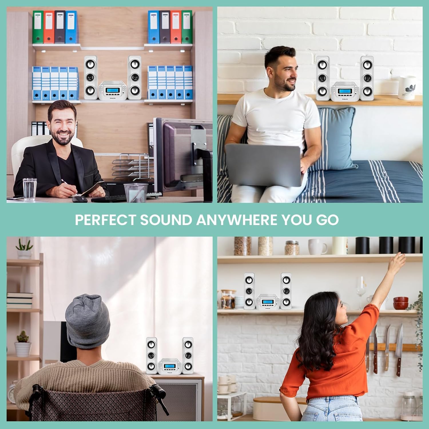 Philco Systemy regałów stereo, kompaktowy system regałów CD z cyfrowym radiem stereo FM, bezprzewodowym Bluetooth i pilotem zdalnego sterowania w kolorze czarnym, wyświetlacz LCD, kompatybilny z
