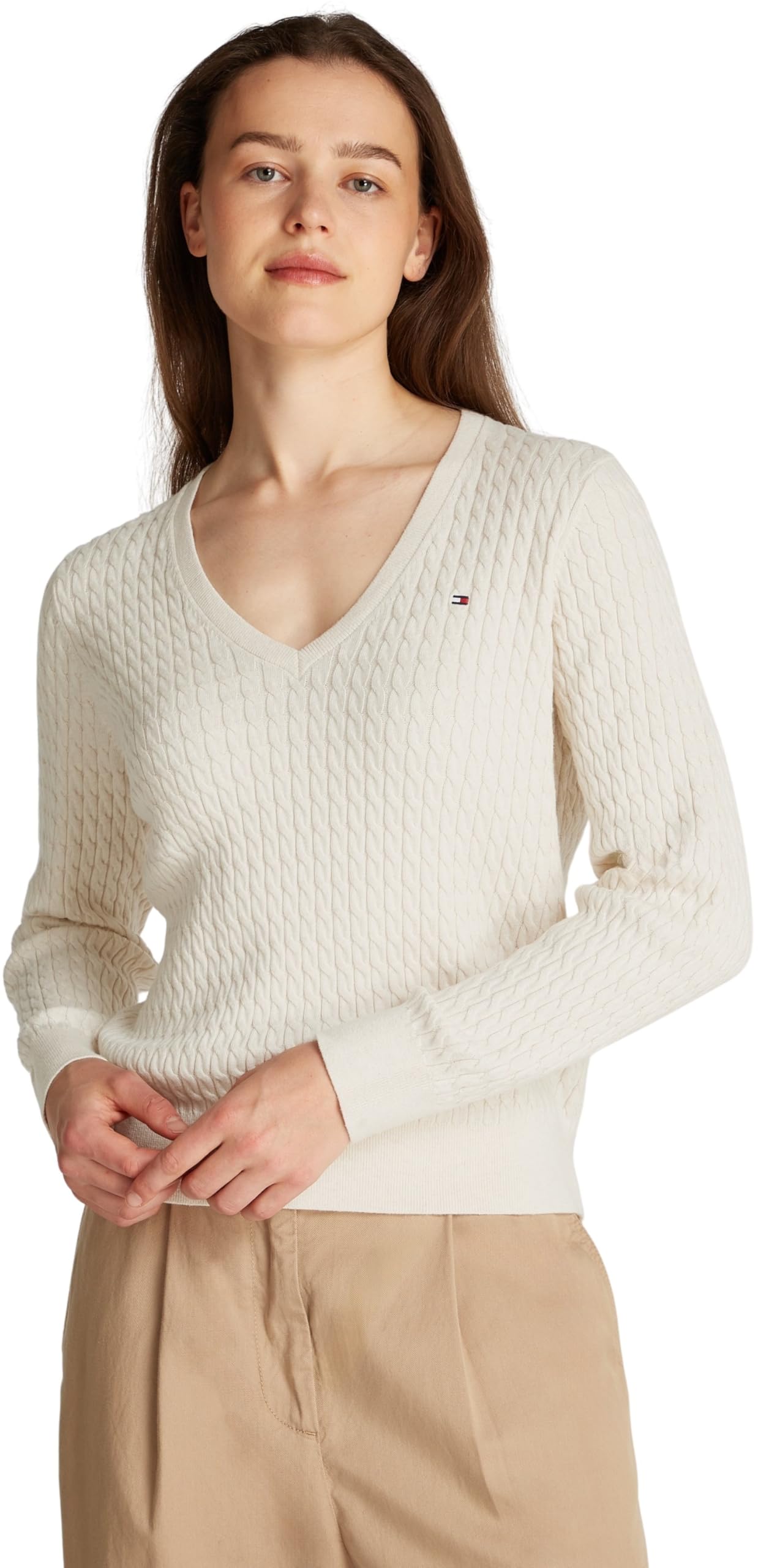Tommy Hilfiger Women's CO Cable FINE GG V-NK LS SWT WW0WW44987 Pullover Sweater, Beige (Heather Ivory Petal), S