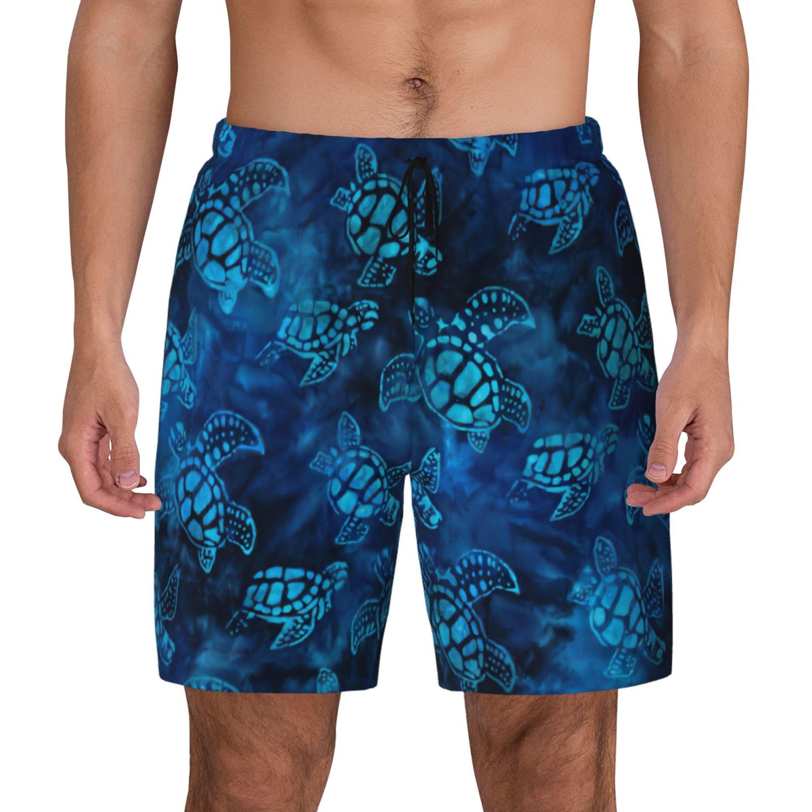 SDEGTHO Sea Turtle-Blue Mens Double Polyester Swimsuit Trunks Swim Shorts with Compression Liner and Patch Pocket.