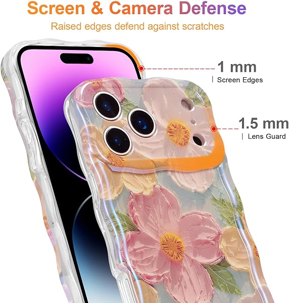 EYZUTAK Case for iPhone 17 Pro, Colorful Retro Oil Painting Printed Flower Laser Glossy Pattern Cute Curly Wave Edge Exquisite Phone Cover Stylish Durable TPU Protective Case for Girl Women-Green - 4