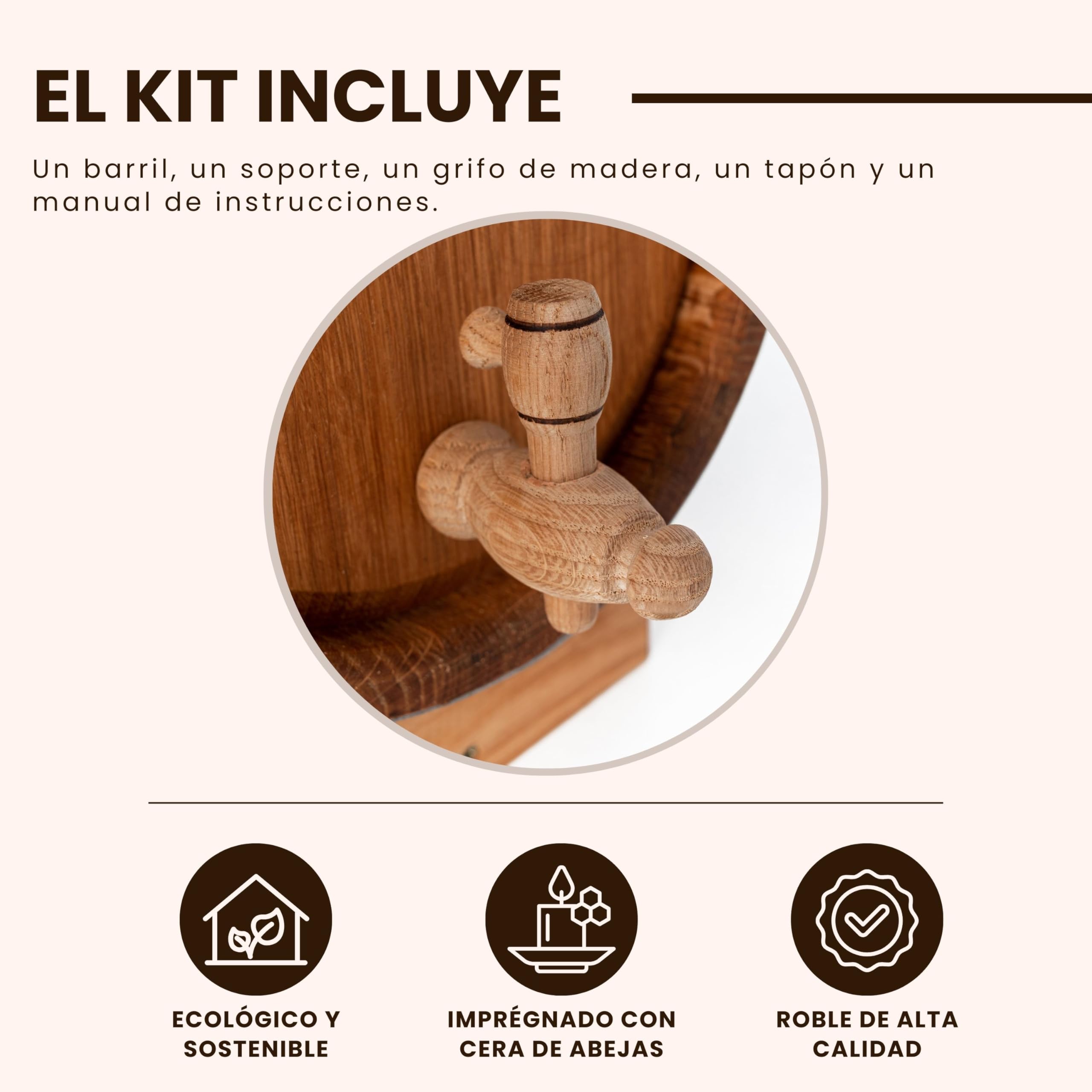 Barril Madera 10L - Barril Pequeño de Roble para Alcohol - Barrica de Vino - Mini Bar con Dispensador de Whisky - Barril Vino 10 litros - Ideal para Degustaciones o como Regalo