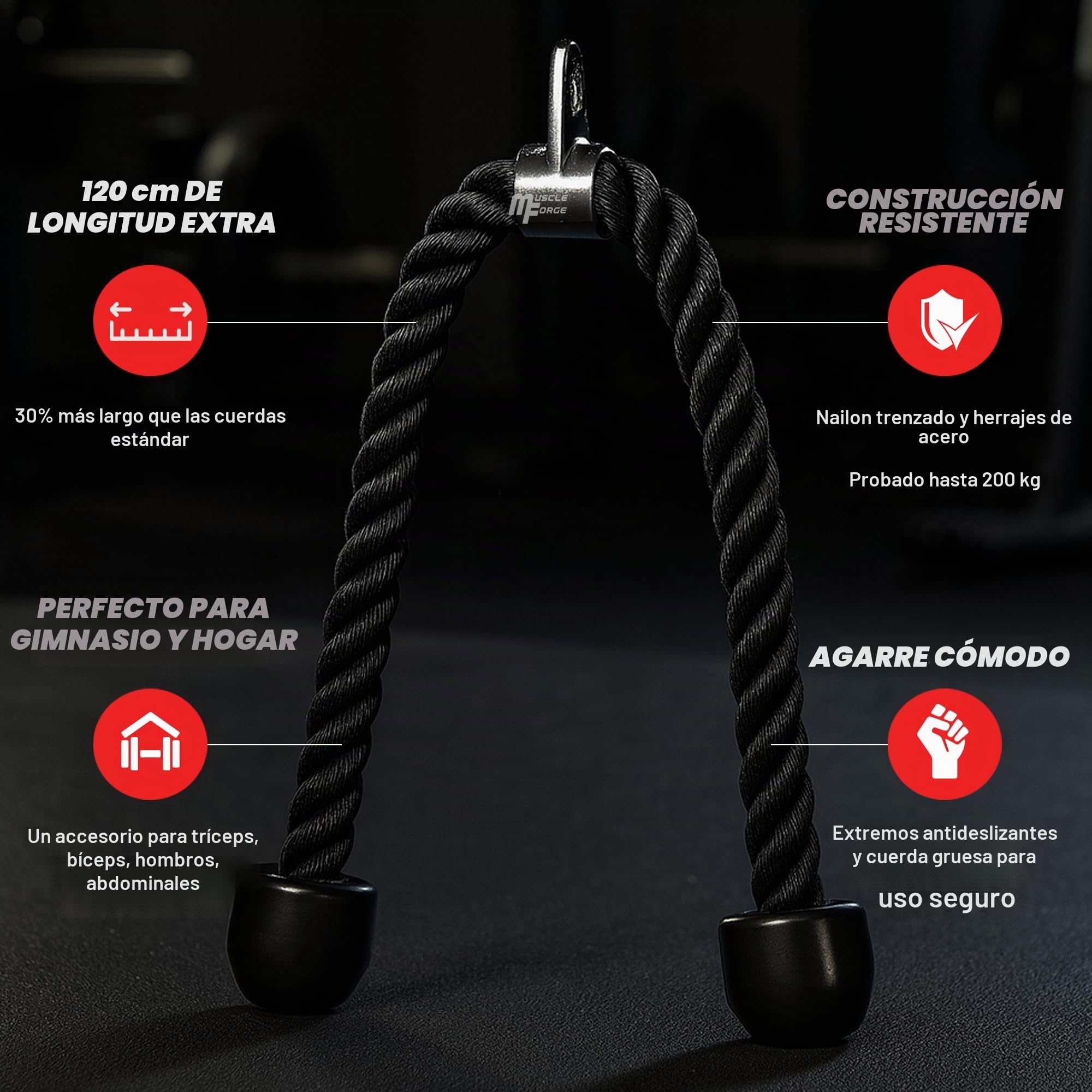 Cuerda Triceps Polea 120 Cm Extra Larga para Máquina Cable – Agarre Polea Gym para Bíceps y Hombros – Agarre Antideslizante de Nylon con Mosquetón – Resistencia 200 Kg – Extensión Total