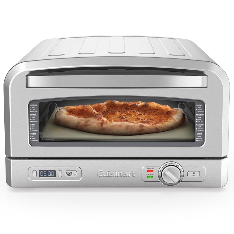 Cuisinart CPZ-120ES indoor pizza oven in stainless steel with a pizza on the stone