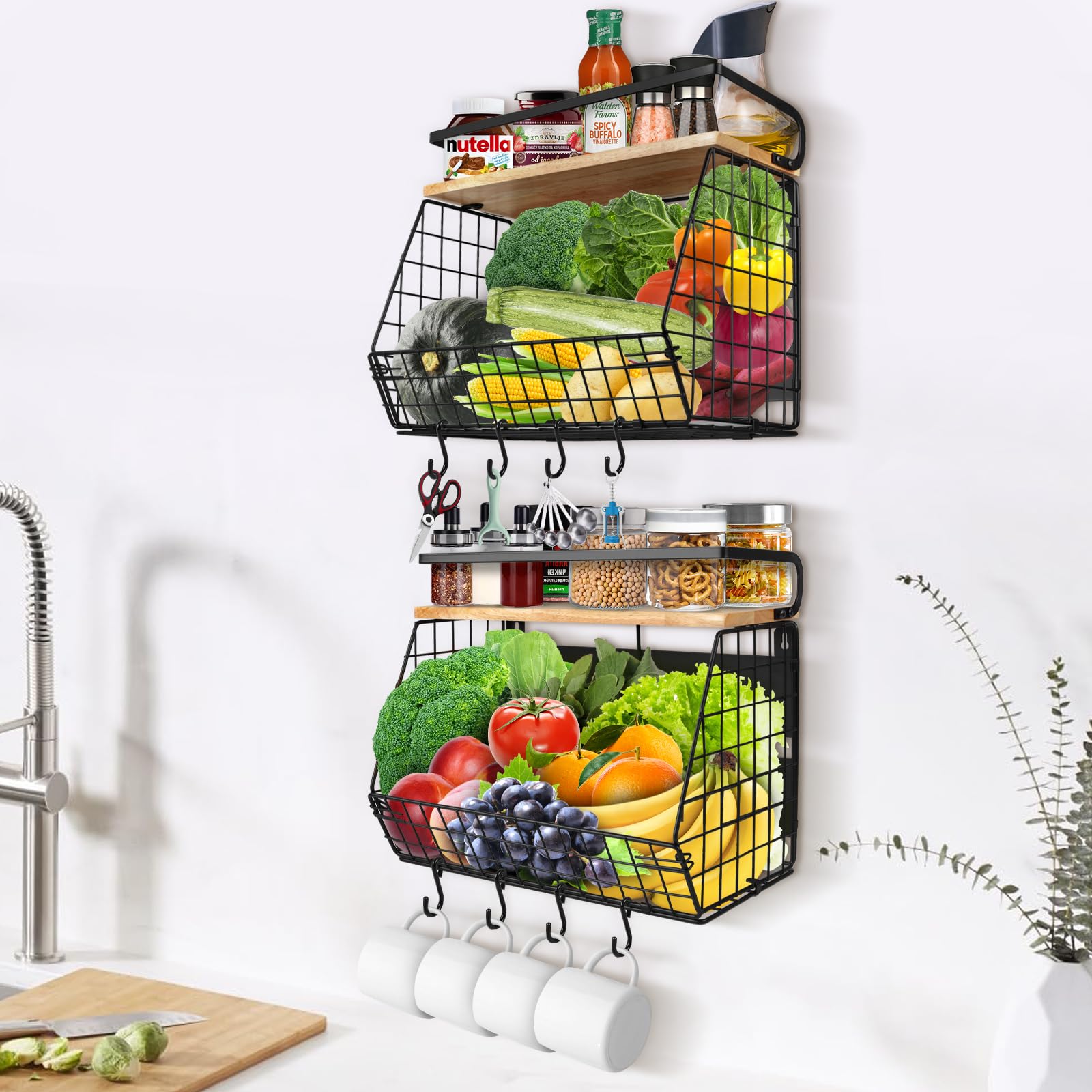 Confezione da 2 cestini magnetici per verdure, frutta, frutta, per cucina, appendiabiti con gancio per banane, impilabili, per verdure, frigorifero, senza fori, nero
