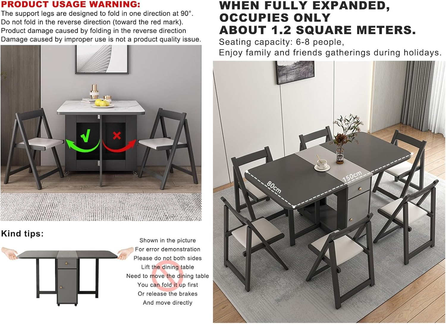 Extendable Drop Leaf Wood Table Modern Folding Dining Table Set with Wheels Space Saving for Kitchen Dining Living Room Small Spaces.(47.24x31.5x29.13cm)