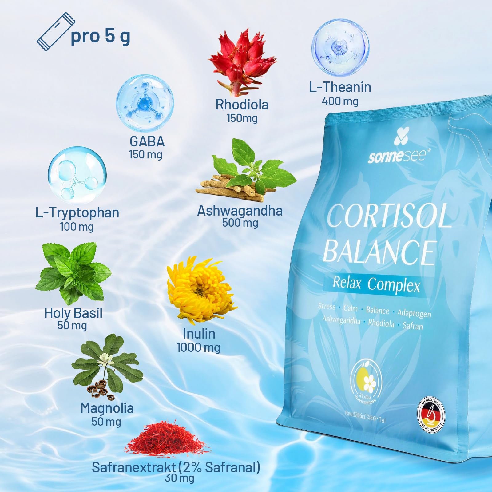 Cortisol Balance Support- Stress Adaptogen Pulver (Cortisol Cocktail) - Mit Ashwagandha Rhodiola GABA & L-Theanin – Zur Unterstützung der Nerven & Psyche – 150g Laborgeprüft in Deutschland