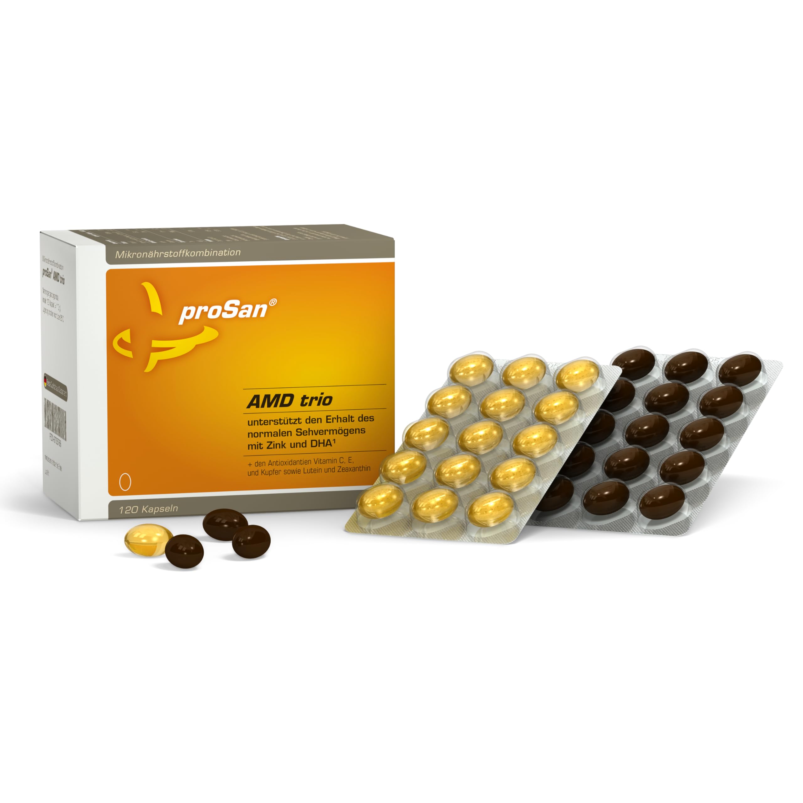 proSan AMD trio (Monatspackung: 120 Kapseln) | unterstützt den Erhalt des Sehvermögens mit Zink & DHA | Nach AREDS2-Studie: Lutein, Zeaxanthin, Vitamin C, E, Kupfer, EPA